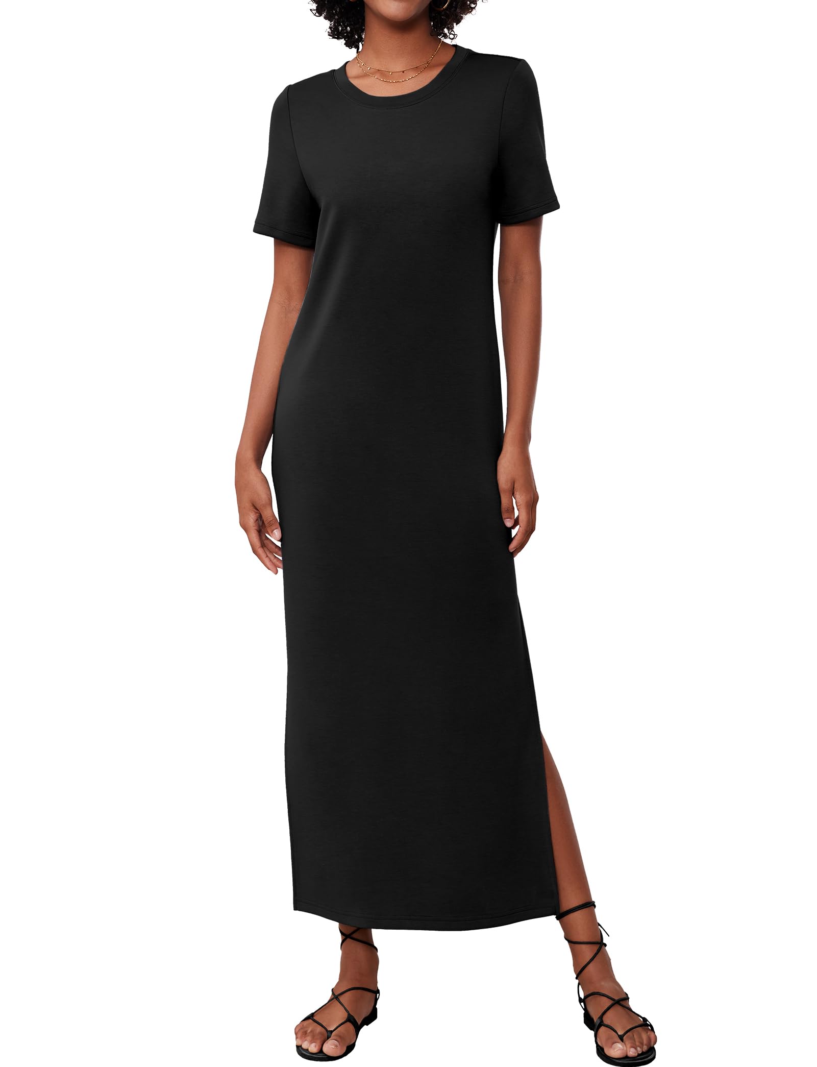 2025 Summer Women's Short Sleeve Double Split Maxi Dress - Casual Striped Loose Long T-Shirt Dress for Beach, Vacation & Everyday Wear