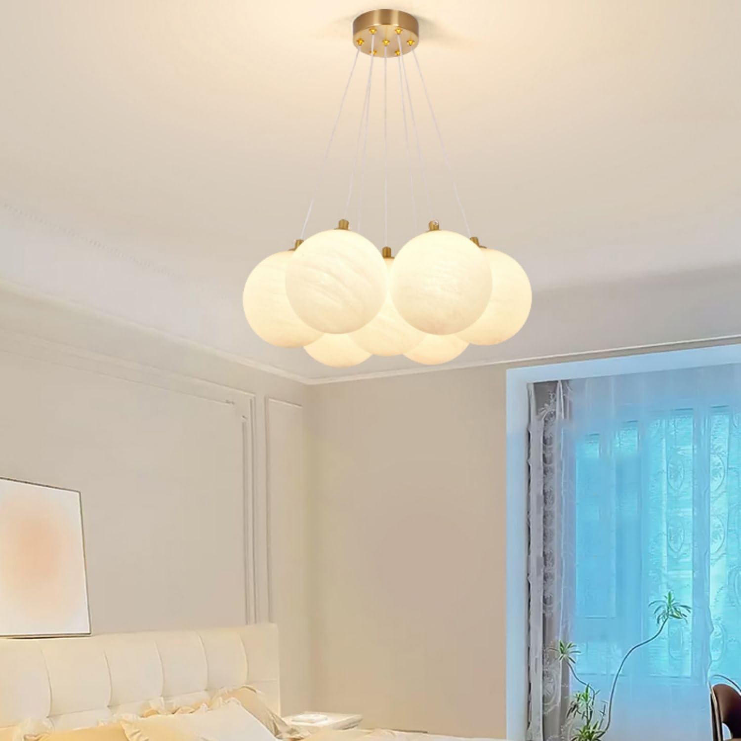 Textured Glass Bubble Chandelier - 7-Light Modern Brass Pendant Ceiling Light with Globe Shades for Bedroom, Nursery, Foyer, Dining Room | Elegant Lighting Fixture for Home Decor & Interior Design