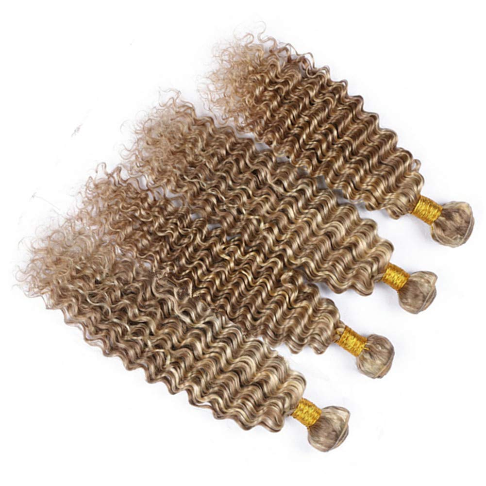 Brazilian Virgin Human Hair Extensions 4 Bundles #8/613 Piano Color - Deep Wave Curly Mixed Blonde Highlight Light Brown - 24 26 28 30 Inch for Stunning Weaves & Natural-Looking Hairstyles - Perfect for Daily Wear, Parties & Special Occasions