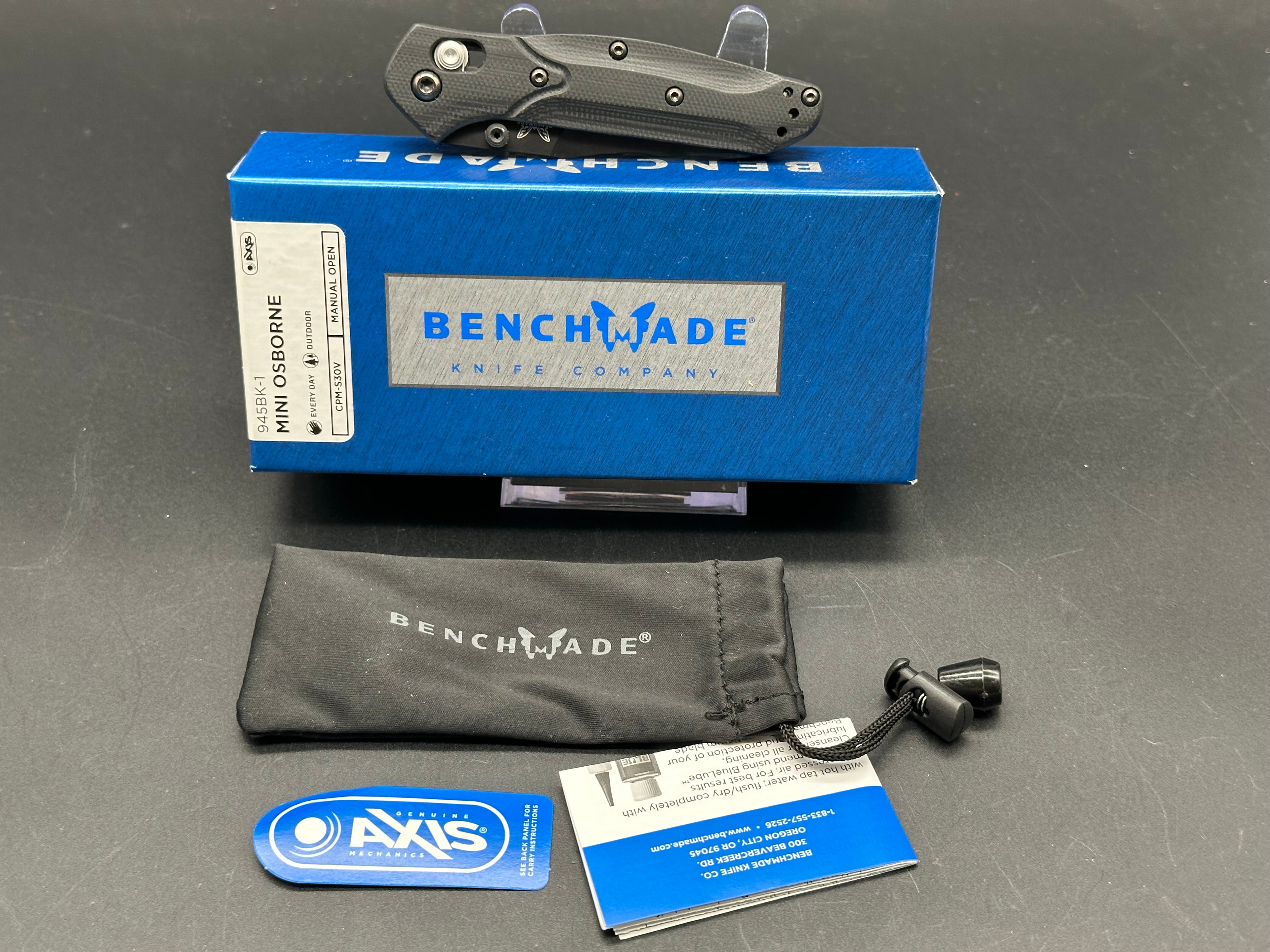 Benchmade 945BK-1 Mini Osborne AXIS Lock Folding Knife - Black G10 Handle, 2.9