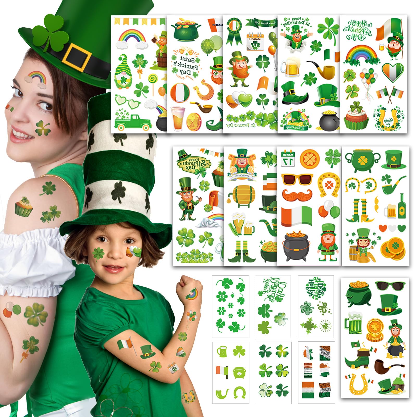 16 Unique St. Patrick's Day Temporary Tattoos - Shamrock, Gnomes & Hats Designs for Adults & Kids | Irish Party Decorations, Face Stickers & Festive Accessories | Perfect for St. Paddy's Day Celebrations, Parades & Themed Parties