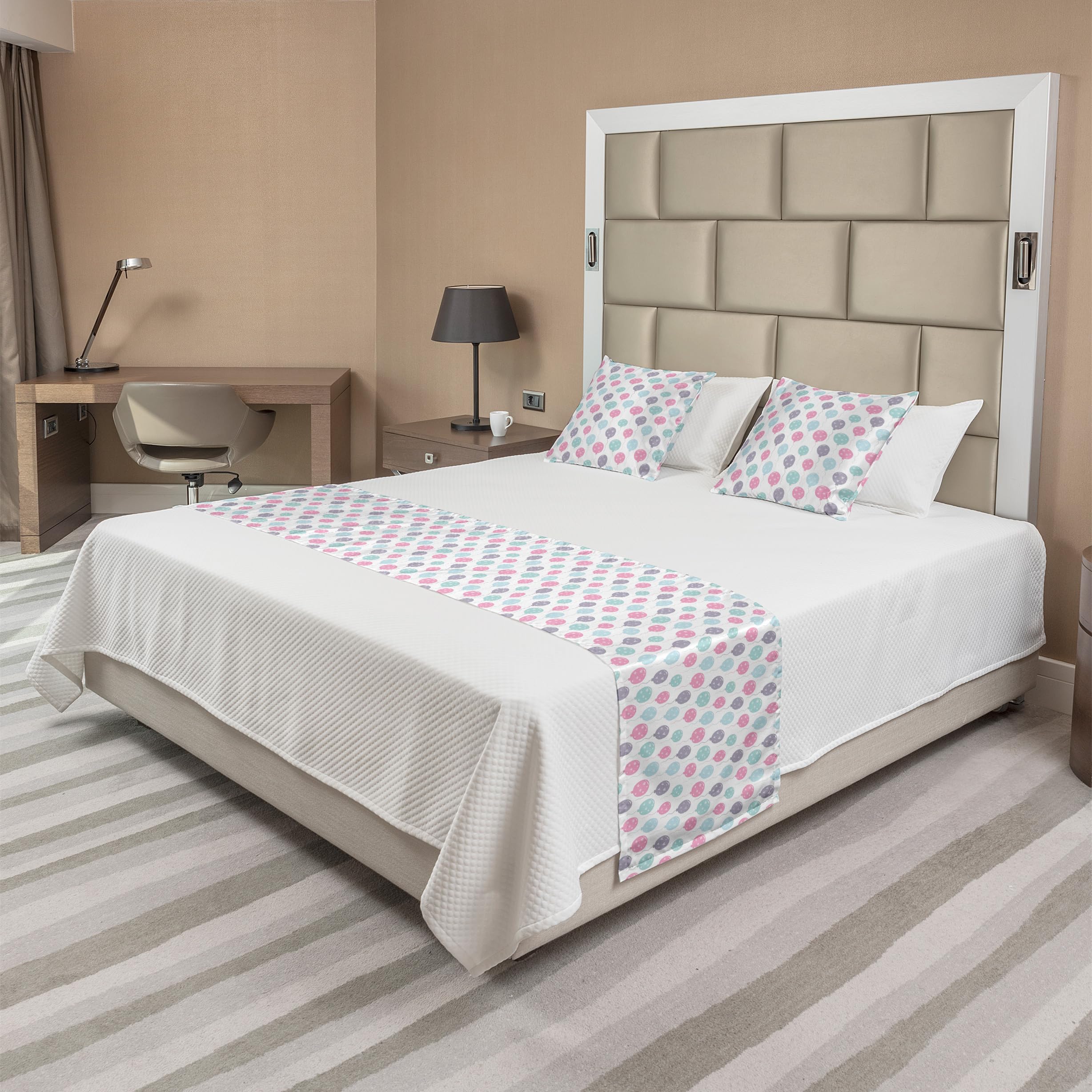 Ambesonne King Size Birthday Party Bed Runner Set with 2 Pillow Shams - Continuous Balloons & Hearts Pattern Decorative Bedding Scarf for Hotels, Homes & Special Occasions - Vibrant Multicolor Design for Bedroom Decor & Celebration Events