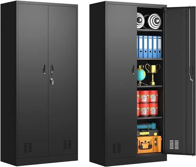 Metal Garage Storage Wall Cabinet with Up-Flip Door - Wall Mounted Locking Cabinet for Garage, Workshop & Kitchen Organization (Black, 71