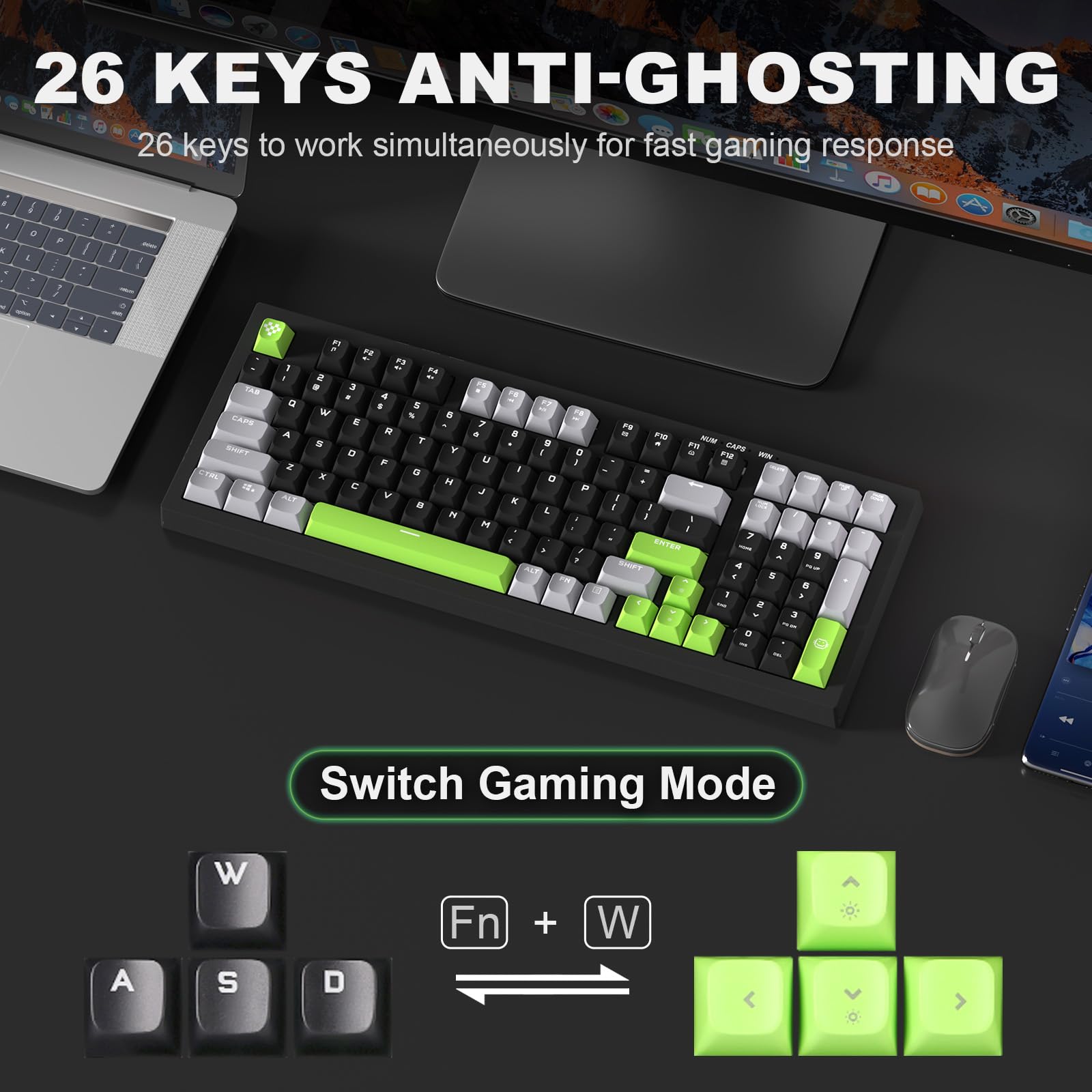 YUNZII D98 RGB Backlit Mechanical Keyboard - 98 Keys, Spill-Resistant, Anti-Ghosting USB Wired Keyboard for PC Gaming & Office Work (Black & Green) | Perfect for Typing, Programming & Late-Night Gaming Sessions