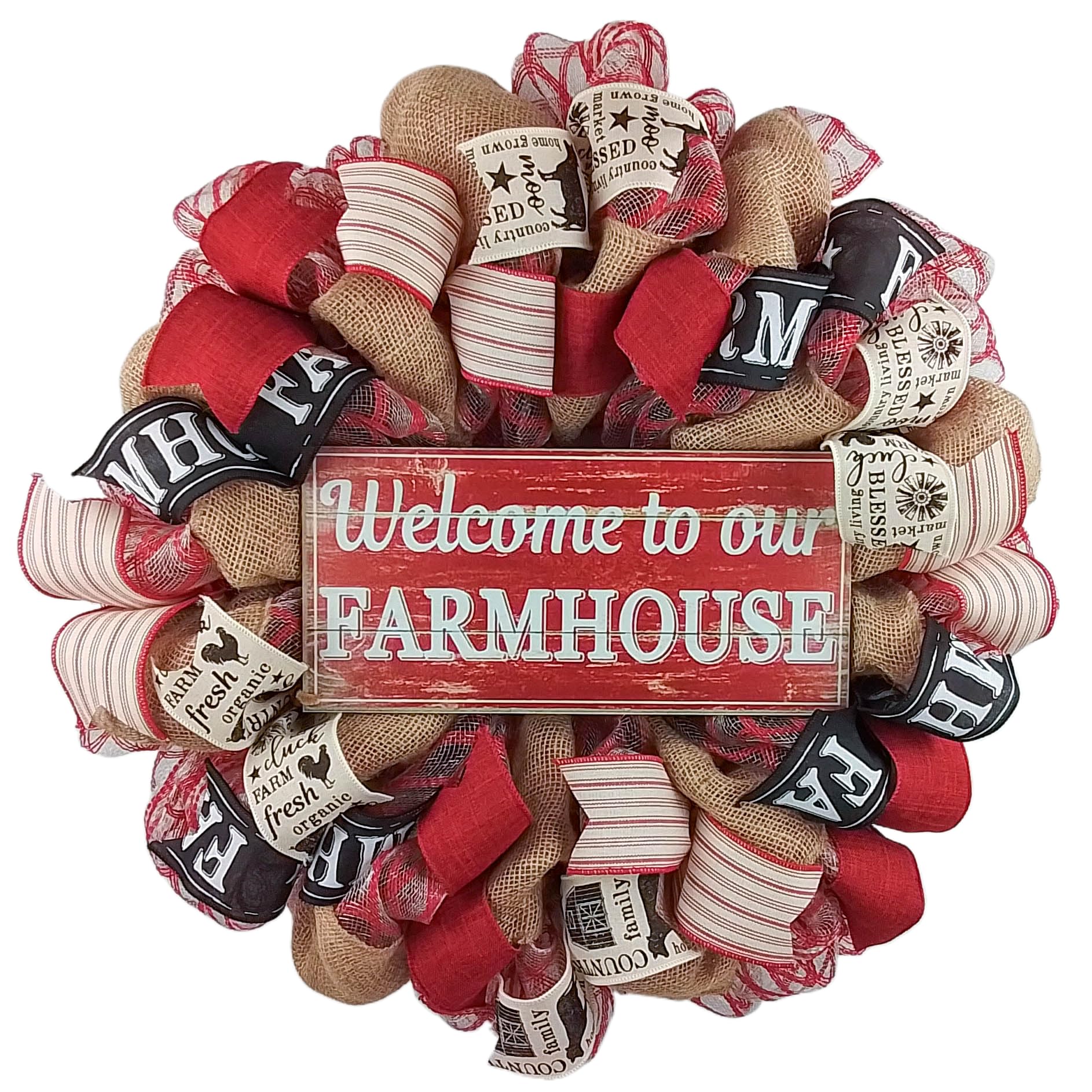 Farmhouse Wreath - Rustic Burlap Decor for Everyday & Mother's Day - Red and Black Burlap Wreath for Front Door, Wall Decor, and Seasonal Home Decorating