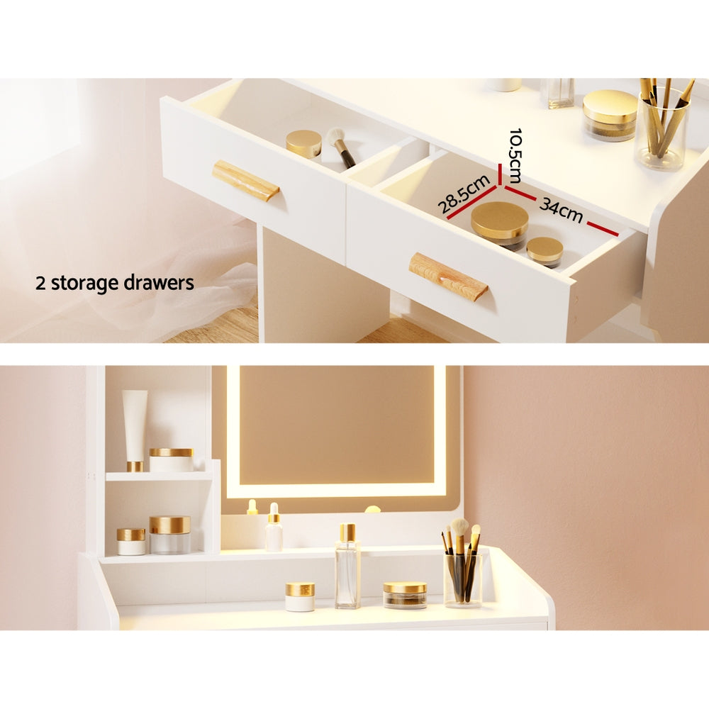 Doris LED Vanity Mirror with Stool Set - Adjustable Brightness Touch Screen Makeup Mirror for Bedroom & Bathroom - White (Perfect for Makeup Application, Skincare Routine & Home Decor)