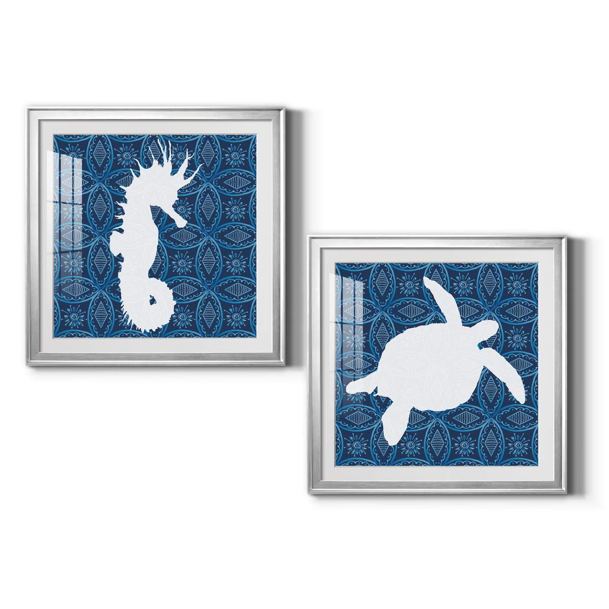 Floral Wall Art Print - Classic Geometric Abstract Transitional Country Chic Decor with Matte Board & Acrylic Glass - Silver Framed Seahorse Design 34x34 Inches - Perfect for Living Room, Bedroom, Office & Coastal Themed Spaces