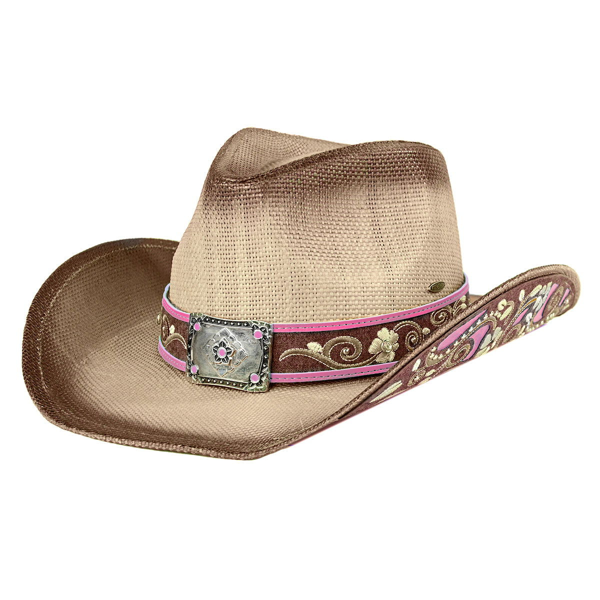 Brown Tea Stain Vented Cowboy Hat with Pink Embroidered Brim Patches - Western Fashion, Outdoor Rodeo & Country Music Festival Accessories