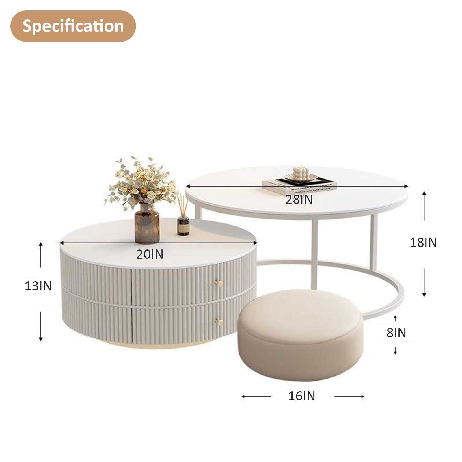 Premium Nesting Coffee Table Set of 2 with Leather Stool - Ivory Wood Circle Embossed Design & 2 Drawers - Round Baking Paint Frame Coffee Table for Living Room, Lounge & Small Spaces