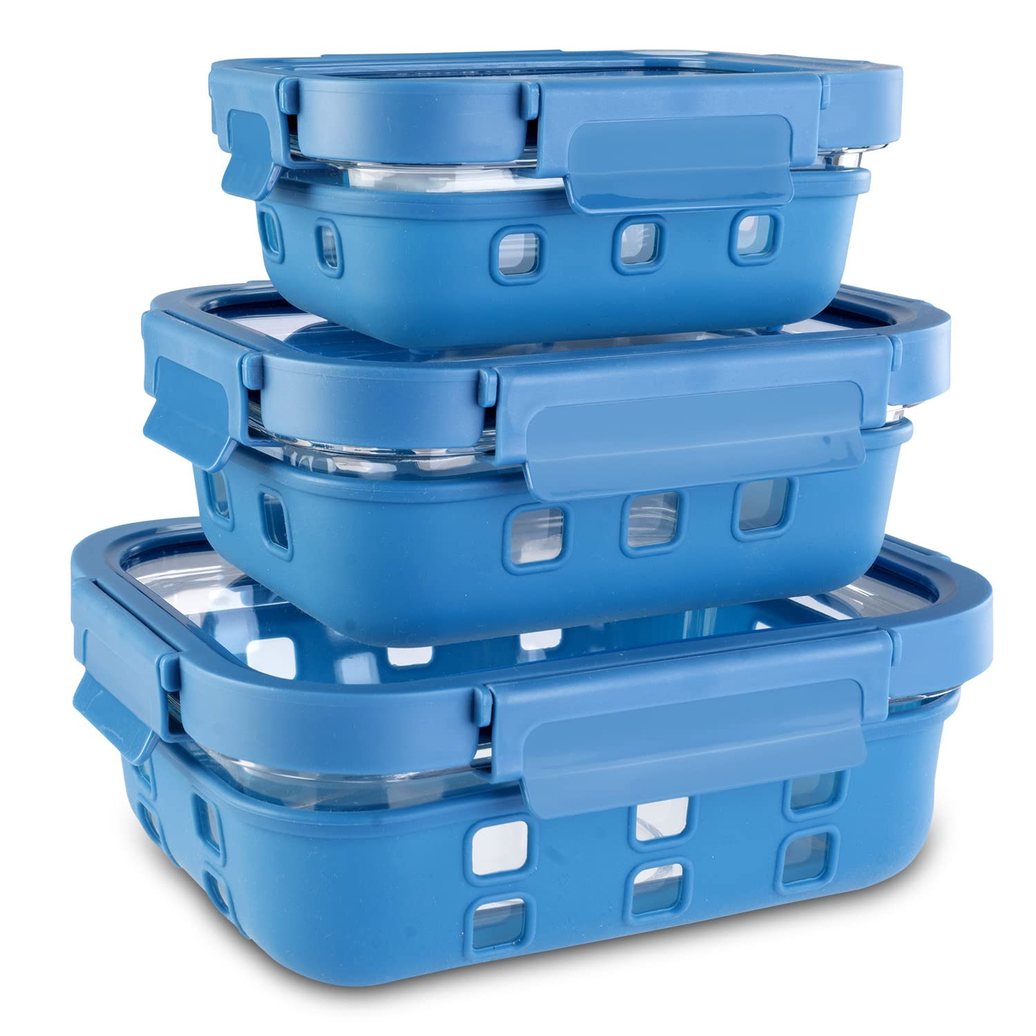 Premium Borosilicate Glass Food Storage Containers with Silicone Sleeves & Locking Lids - 3-Piece Set (370ml, 640ml, 1050ml) - Microwave, Oven & Freezer Safe - Rectangle Transparent & Blue - Perfect for Meal Prep, Leftovers & Kitchen Organization