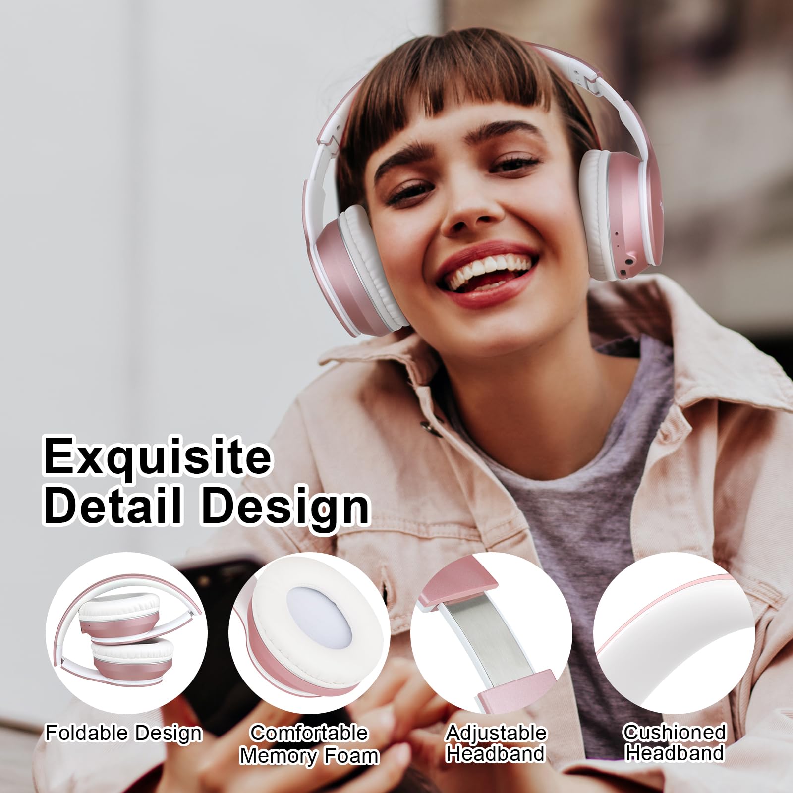B9 Bluetooth Headphones Over-Ear Wireless with Microphone, 60 Hours Playtime Hi-Fi Stereo Sound, Lightweight Foldable Headset with Volume Control - Perfect for Travel, Home, Office & Tablet PC (Rose Gold)