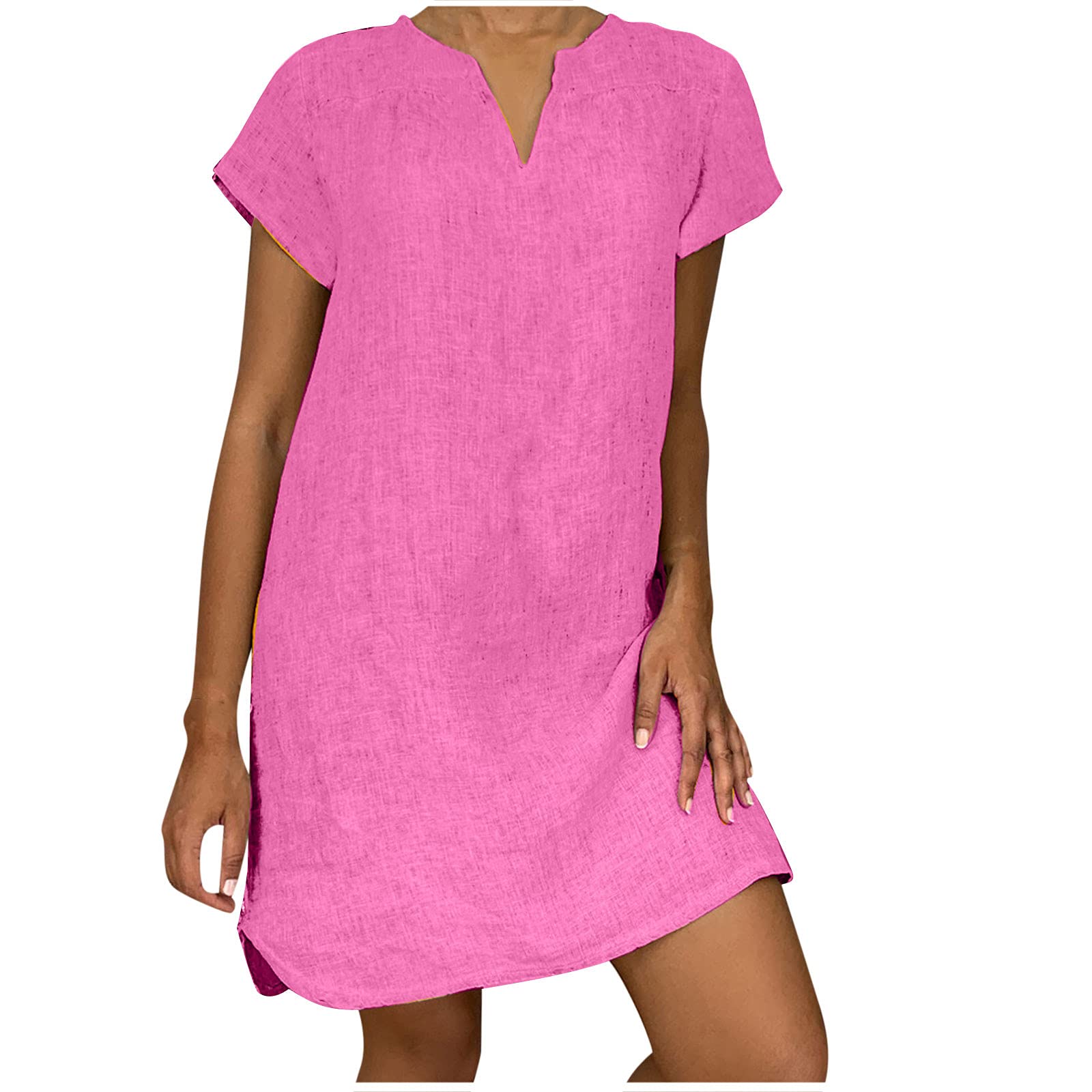 NaRHbrg Women's Linen Tunic Dress - V-Neck Loose Fit Midi Sundress for Beach Vacation, Casual Wear & Summer Outfits - Plus Size Flowy Shift Dress in Solid Colors