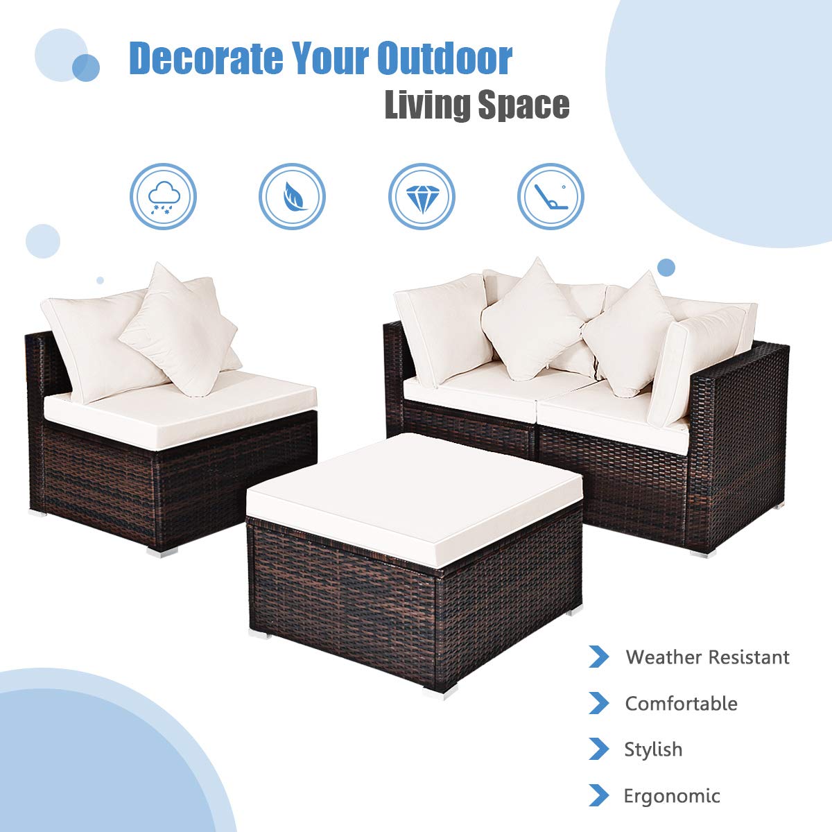 HAPPYGRILL 4-Piece Outdoor Patio Furniture Set - Rattan Wicker Conversation Sofa with Ottoman, Cushions & Pillows - Garden, Lawn, Balcony, Backyard Furniture for Relaxing & Entertaining