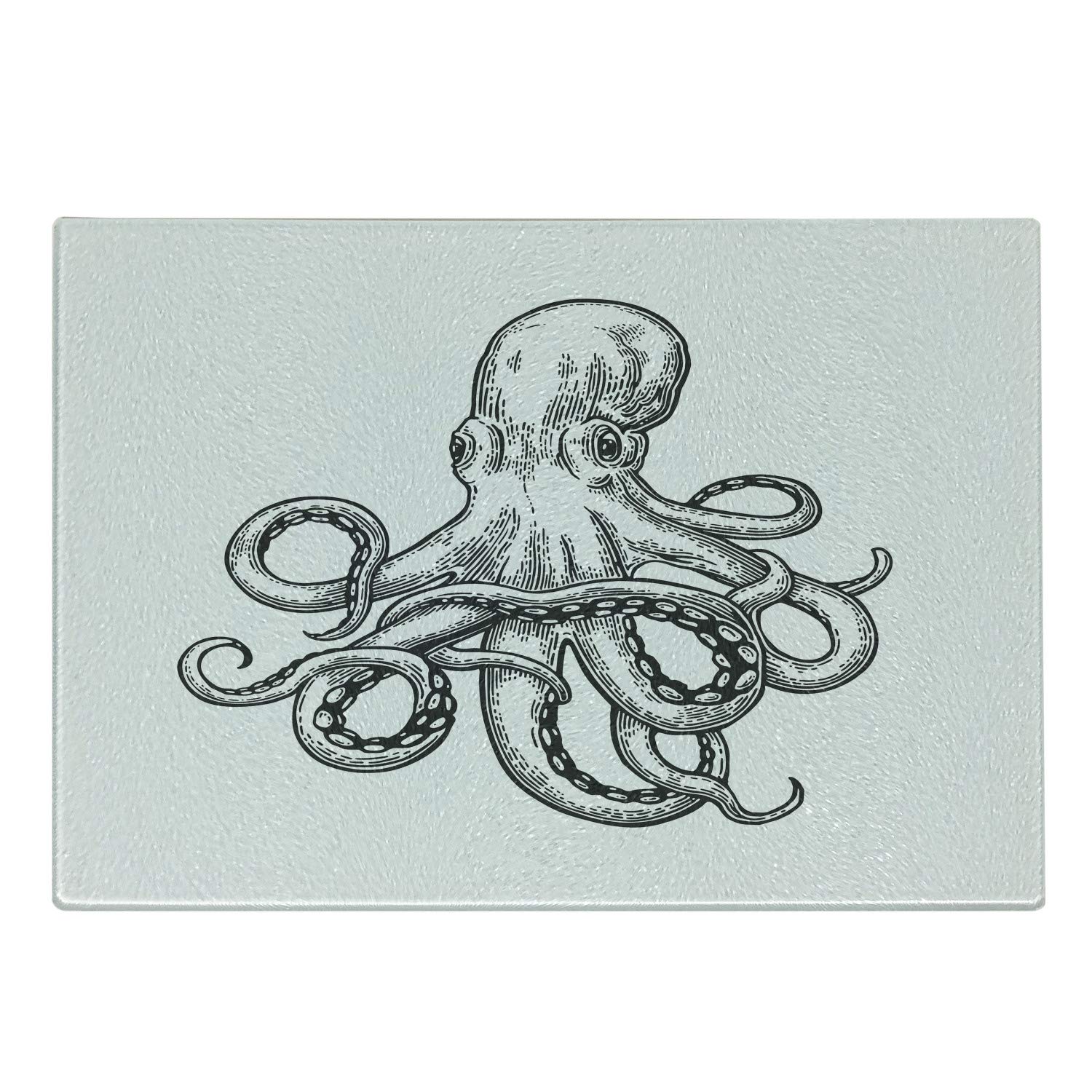 Ambesonne Octopus Tempered Glass Cutting Board - Monochrome Nautical Design with Tentacles, Small Size White & Charcoal Grey - Perfect for Serving Appetizers, Cheese, and Sushi at Parties