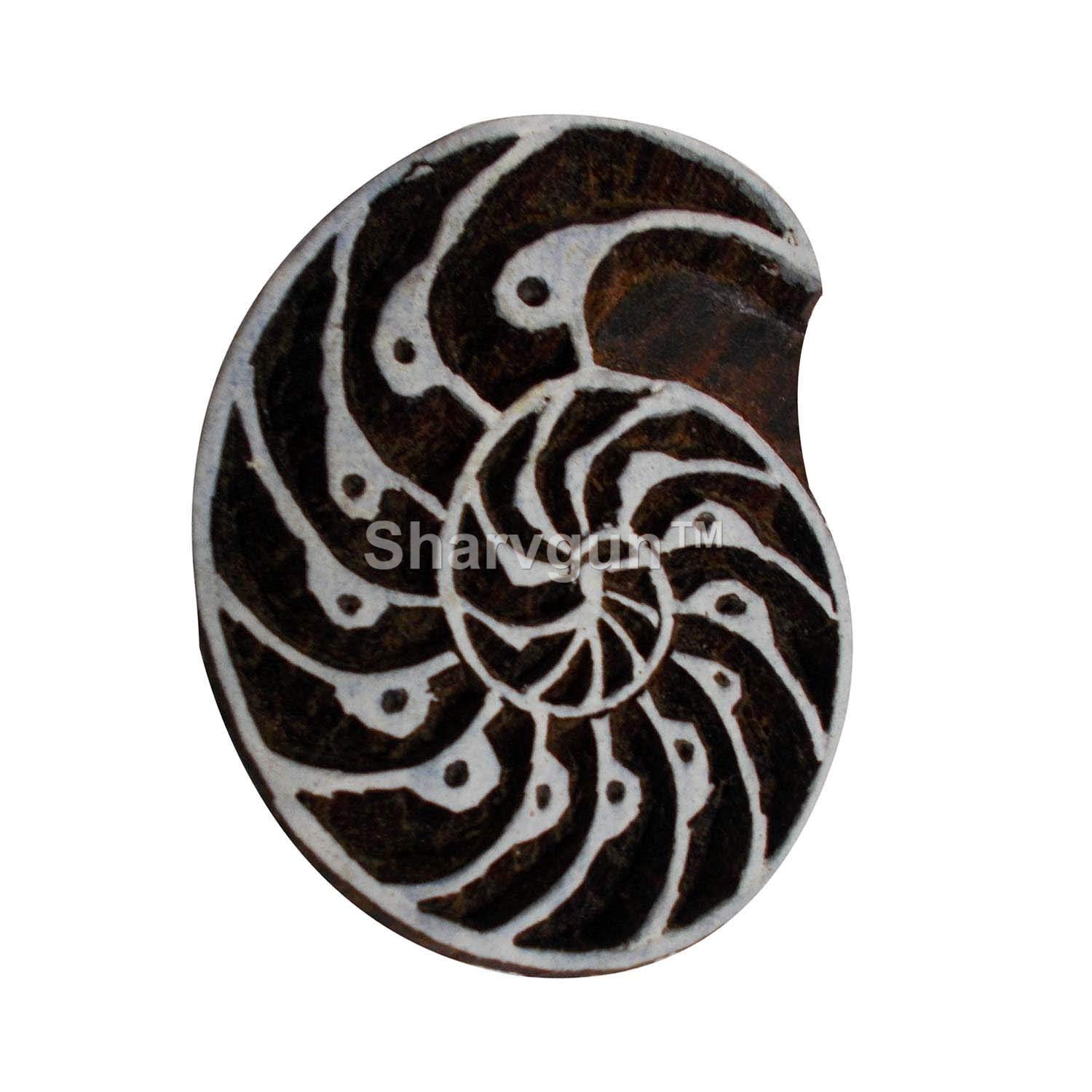 Handmade Indian Wooden Printing Blocks - Sharvgun Nautilus Motif Stamps for Clay Pottery, Textile & Scrapbook Crafts | DIY Art Projects, Fabric Printing & Home Decor