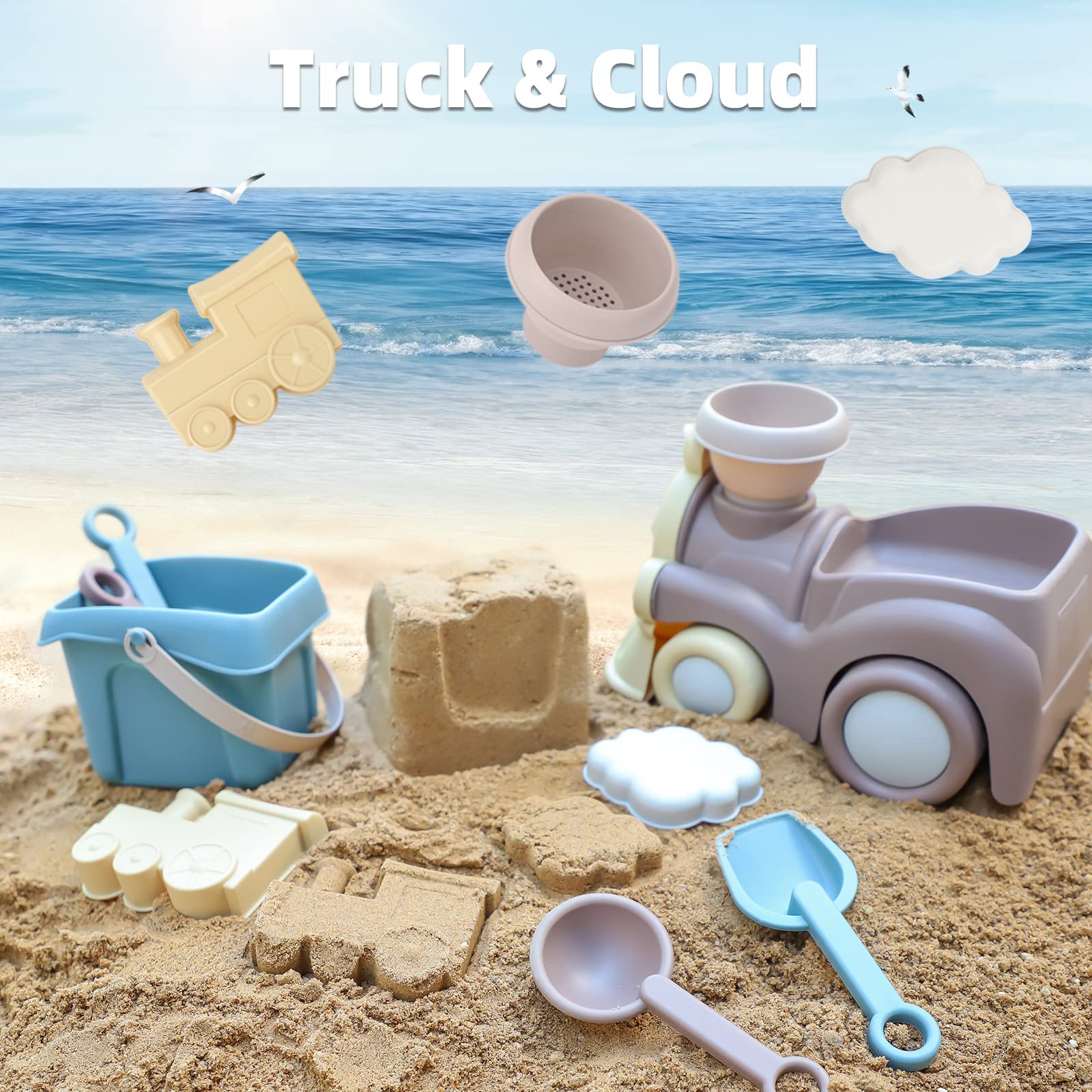 QLT Beach Toys for Toddlers & Kids - Sand Play Set with Train Truck, Bucket, Scoop, Trowel, Colander, Rake & Castle Molds - Durable Sandbox Toys in Gift Box - Perfect for Beach, Backyard & Outdoor Play