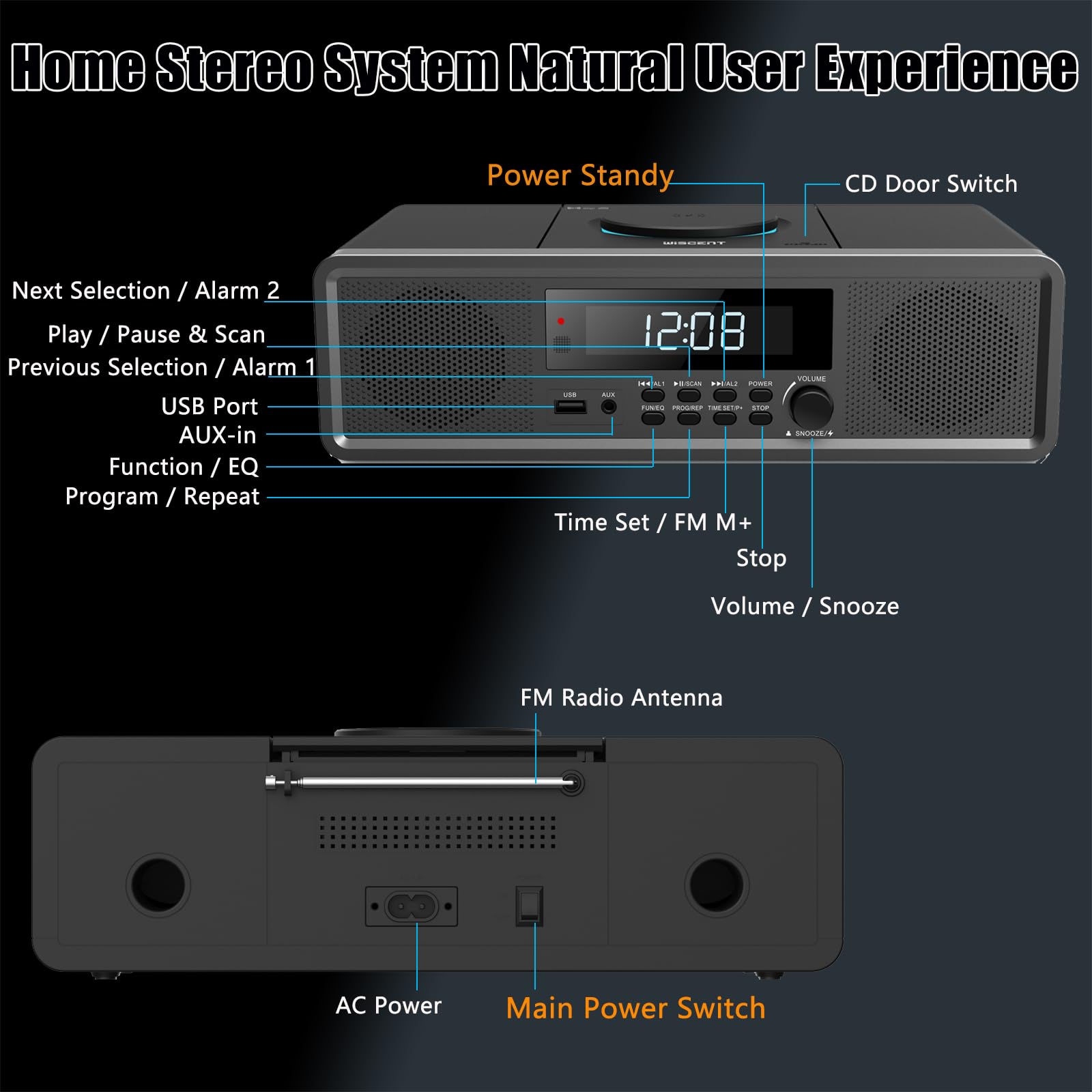 Bluetooth CD Player Stereo System with FM Radio, Aux Input, USB Port, Digital Clock & Alarm - Perfect for Home, Office, and Bedroom Use (Black)