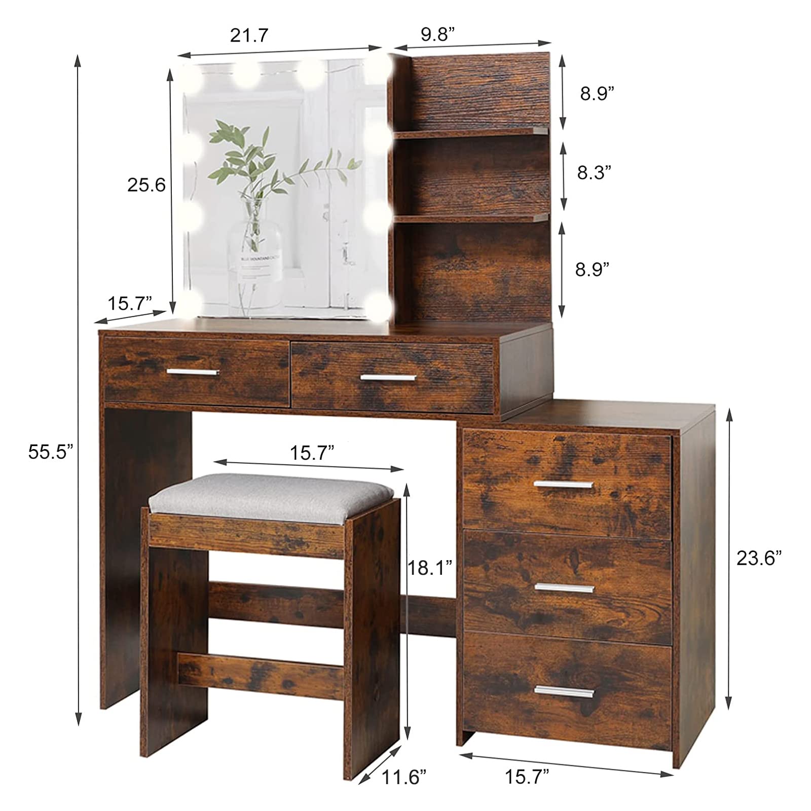USIKEY 43.5 Inch Large Makeup Vanity Desk with LED Lights & Mirror - 5 Drawers Vanity Table Set with Storage Shelves & Stool for Women & Girls (Rustic Brown) - Perfect for Bedroom, Dressing Room & Beauty Salon