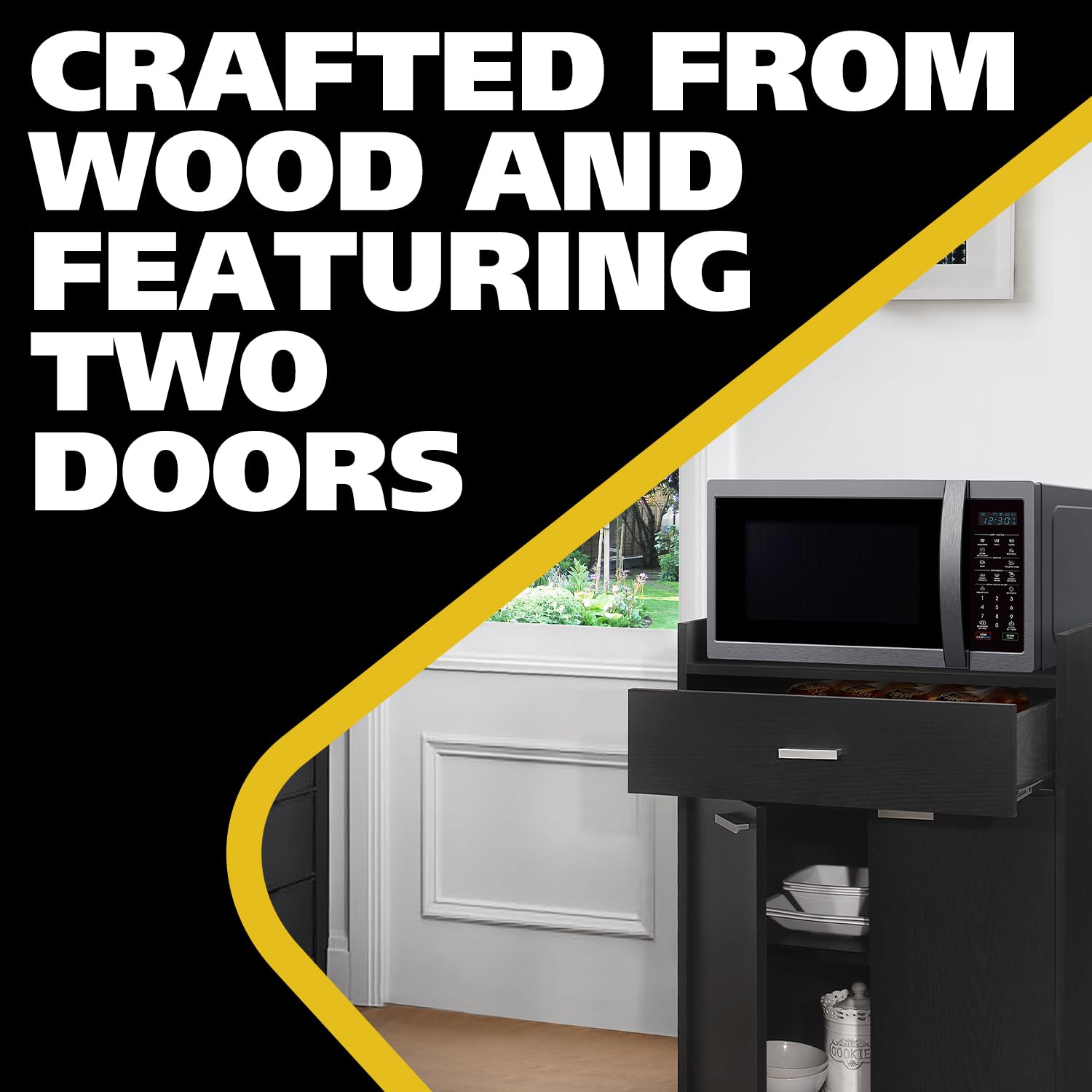 Kings Brand Kitchen Cabinet Rolling Cart with Wheels - Microwave Shelf Stand with Drawer & 2 Doors for Kitchen & Dining Room - Black | Space-Saving Storage Solution for Small Kitchens & Apartment Living