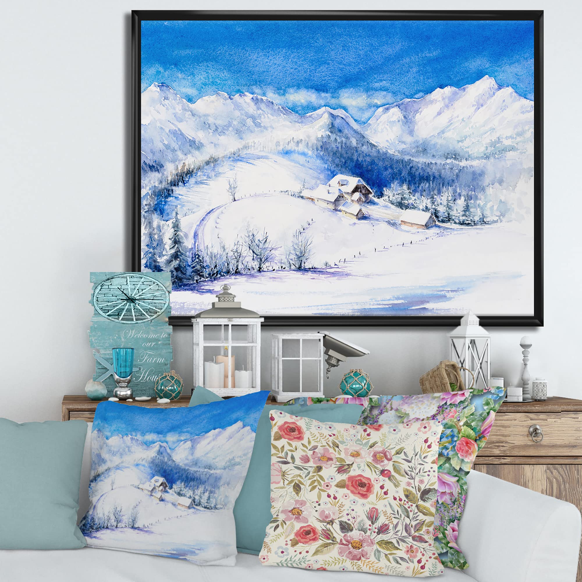 DesignQ Winter Mountain Landscape With Wooden House - Traditional Framed Canvas Wall Art Print for Living Room, Bedroom & Office Decor