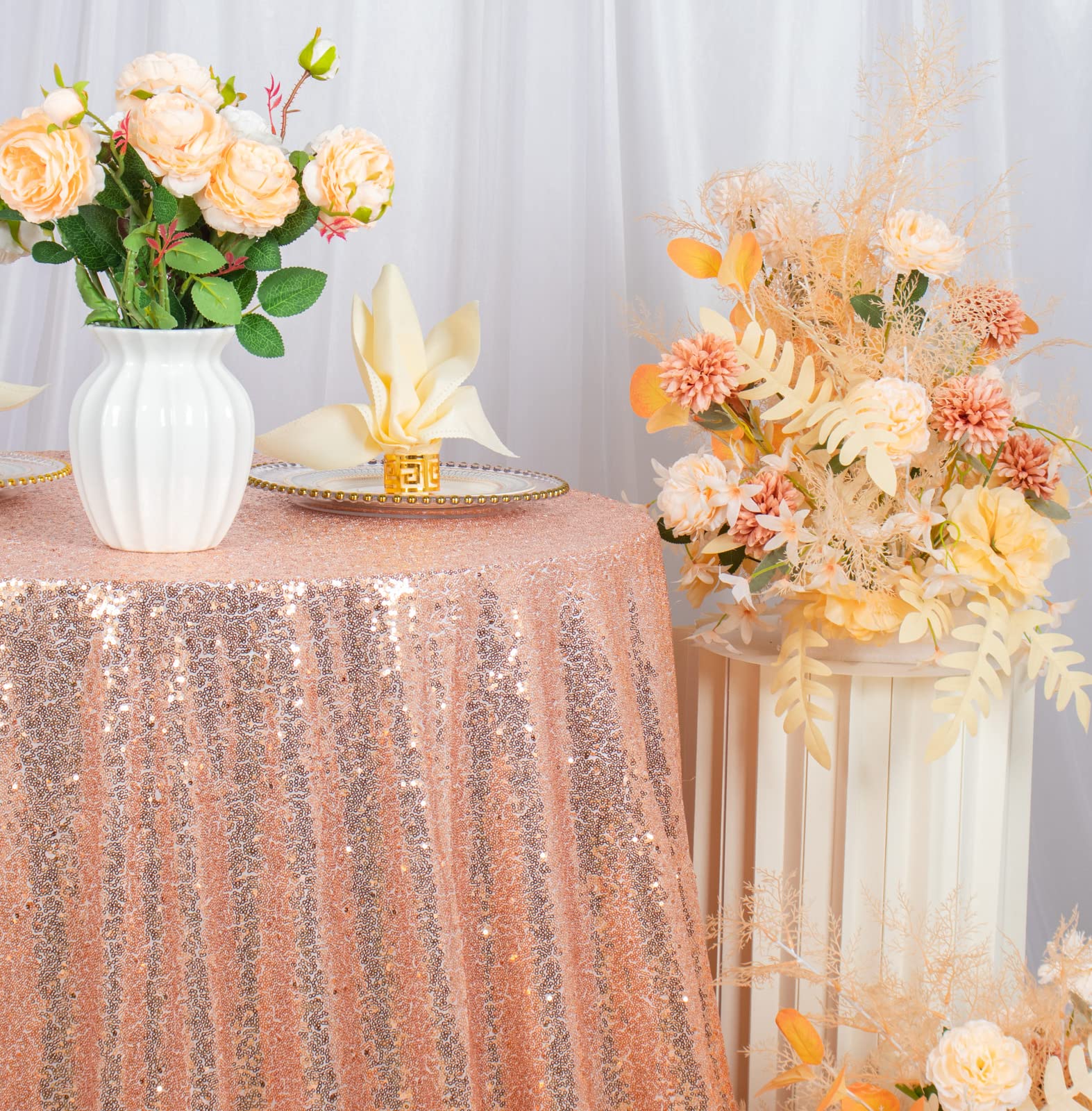 120 Inch Rose Gold Sequin Tablecloth - Elegant Wedding Party Table Cover with Sparkling Sequin Fabric, Round Table Overlay for Banquet, Reception, and Special Events