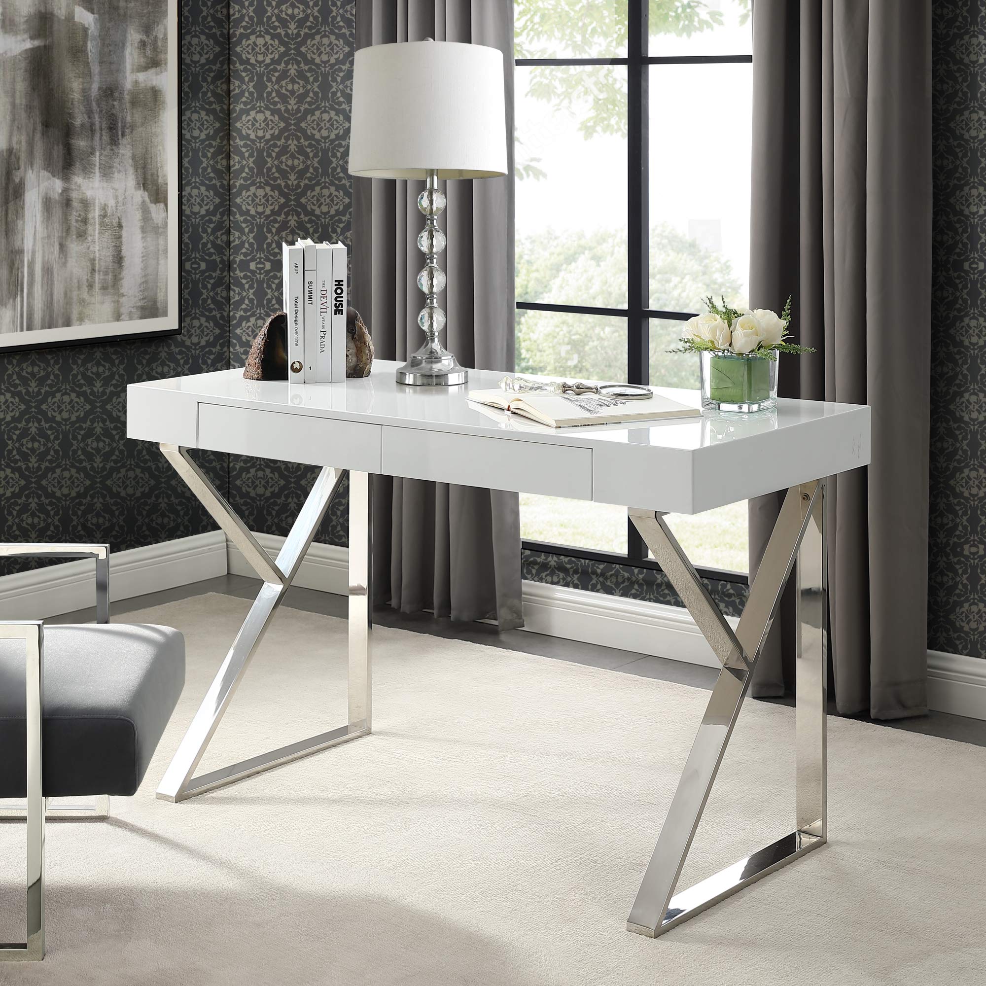 Inspired Home Zosia Desk with 2 Drawers - Modern White & Chrome Writing Desk for Home Office, Study, or Workspace | Compact & Stylish Workstation for Small Spaces