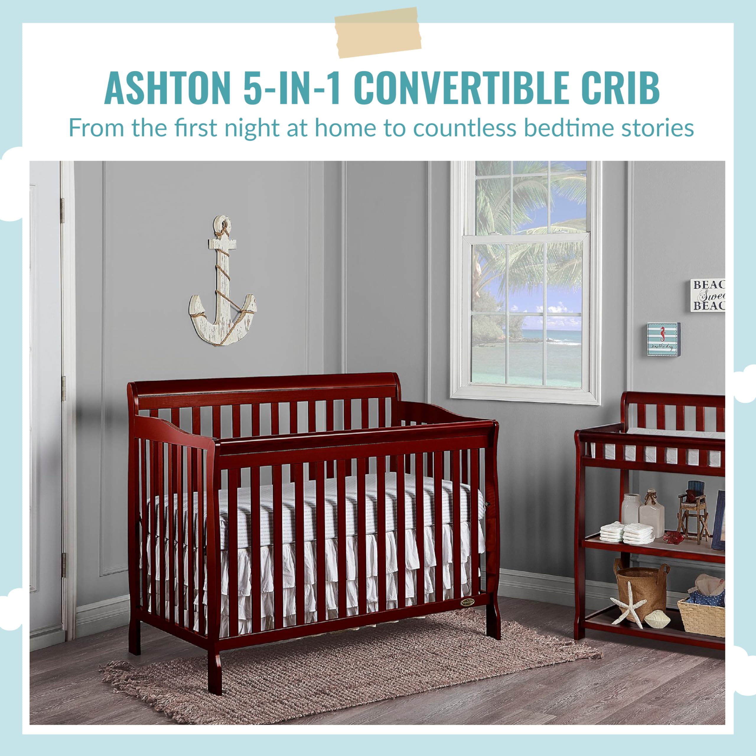 Dream On Me Ashton 4-in-1 Convertible Crib in Cherry Finish - GREENGUARD Gold & JPMA Certified | Non-Toxic Solid Pinewood Baby Crib with 4 Adjustable Mattress Heights | Perfect for Nursery, Bedroom & Daycare Use