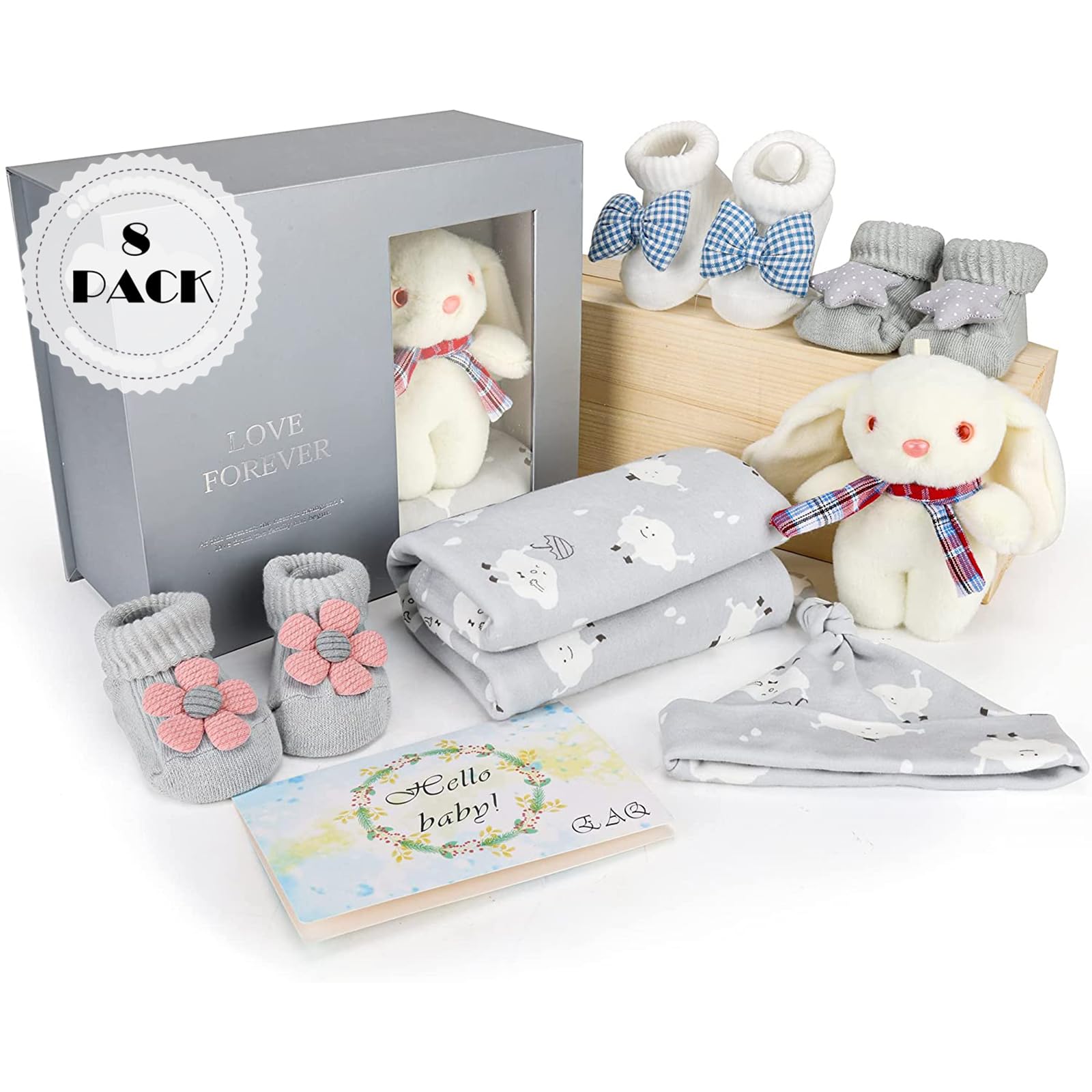 EAQ Newborn Baby Gift Set - Unisex Essentials for Boys & Girls with Swaddle, Hat, Socks & Soft Rabbit Toy | Perfect Baby Shower, Easter & Welcome Gifts for New Parents
