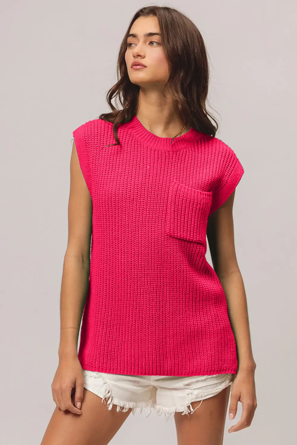 BiBi Patch Pocket Cap Sleeve Sweater Top for Women - Casual Knit Pullover with Front Pockets - Perfect for Office, Date Night & Fall Layering