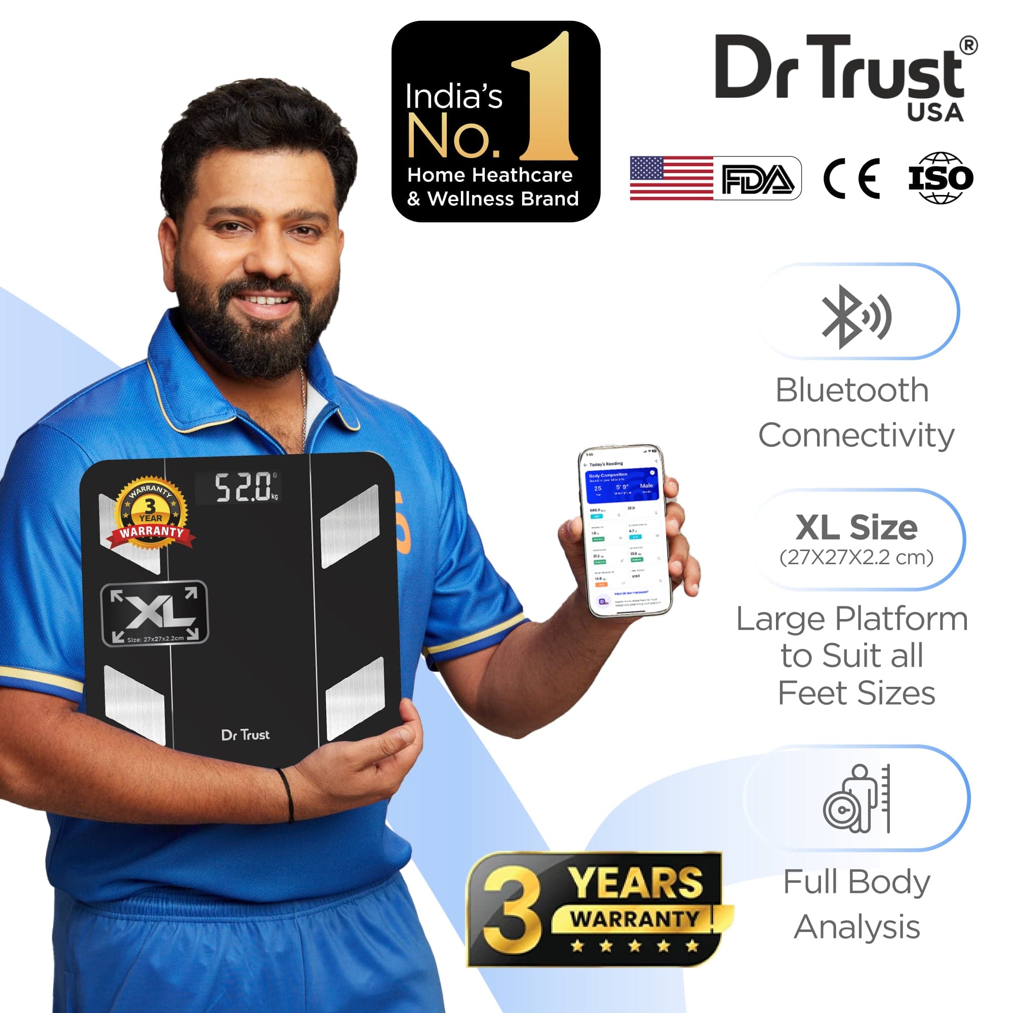 Dr Trust USA Hercules Smart Body Fat Analyzer & Composition Scale 525 - Digital BMI Weighing Machine with Body Weight, Age & Bone Mass Measurement - Syncs with Fitness Apps for Weight Loss Tracking - Perfect for Home Gym & Health Monitoring