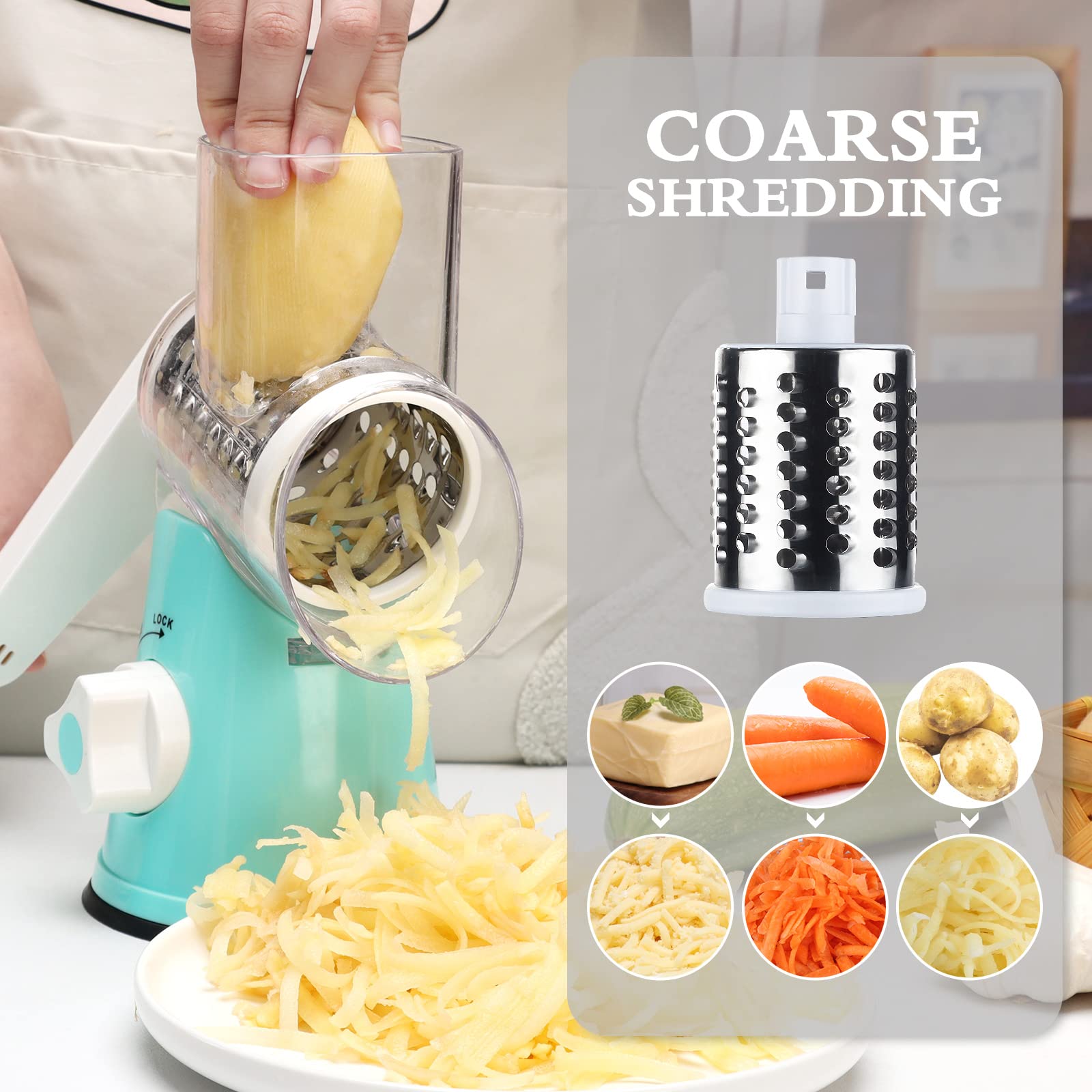 Rotary Cheese Grater - Manual Kitchen Shredder with 3 Interchangeable Blades | Safe Food Grinder for Nuts, Potato, Carrot, Garlic & Walnut | Perfect for Salads, Pasta, Pizza & Baking (Blue)