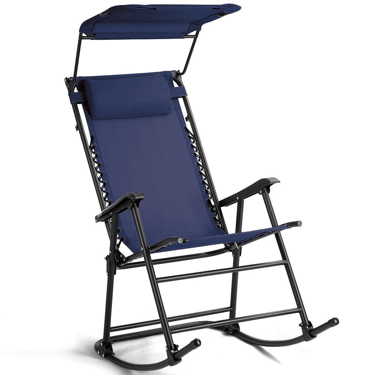 CompreDH Folding Rocking Chair with Canopy - Blue Outdoor Patio Rocker for Porch, Garden & Camping | Portable Recliner for Relaxing in Backyard, Beach & Picnic