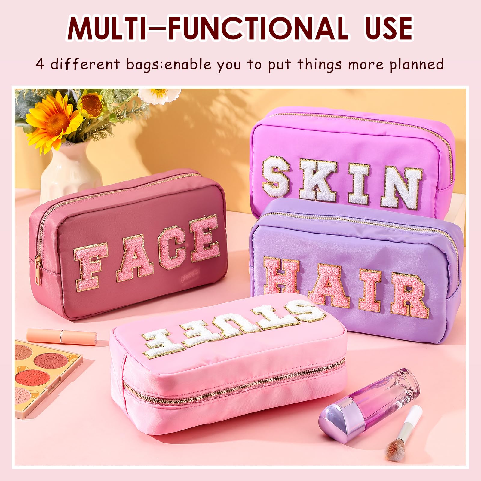 Remerry 4-Piece Waterproof Makeup Bags Set - Travel Cosmetic Organizer with Chenille Letters, Preppy Toiletry Pouches for Women & Teens (Pink Gradient) - Perfect for Gym, Vacation & Daily Beauty Storage