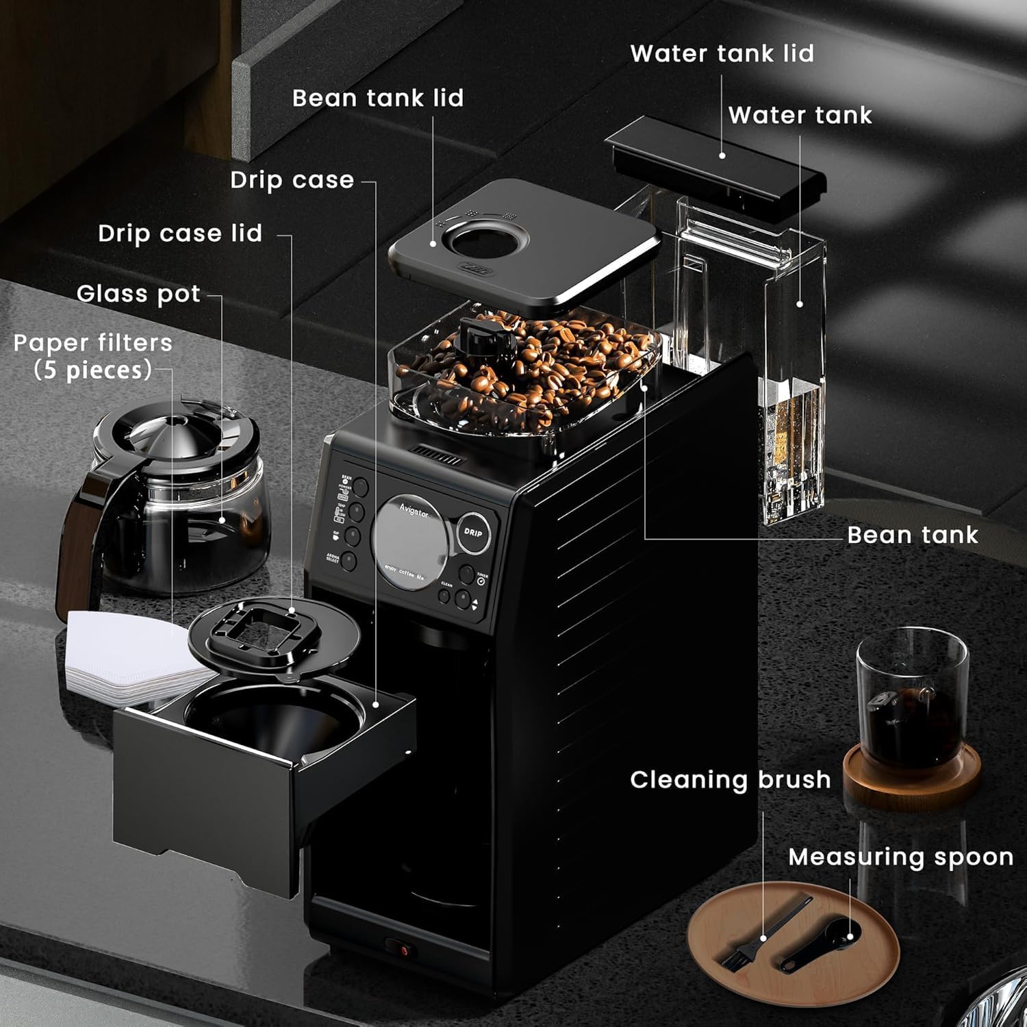 Programmable Coffee Maker with Built-in Grinder - 24H Timer, 5 Cup Capacity for Hot & Iced Coffee - Removable Water Reservoir & Glass Carafe - Perfect for Home, Office & Small Businesses (Black) - Enjoy Freshly Brewed Coffee Anytime for Breakfast, Meetings or Relaxation