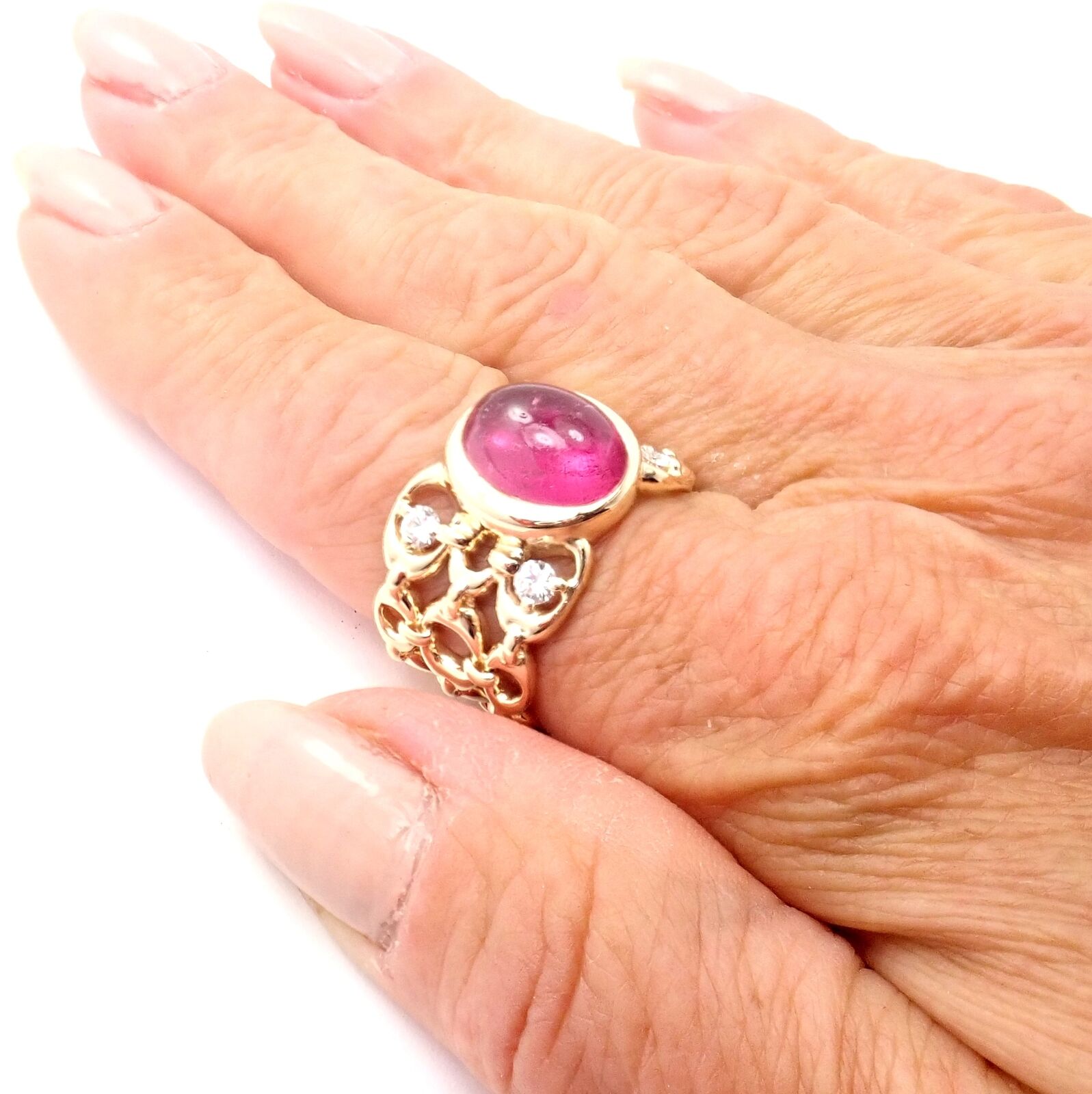 Authentic Christian Dior 18K Yellow Gold Diamond Pink Tourmaline Band Ring for Women - Luxury Fashion Jewelry Gift for Anniversary, Valentine's Day & Special Occasions