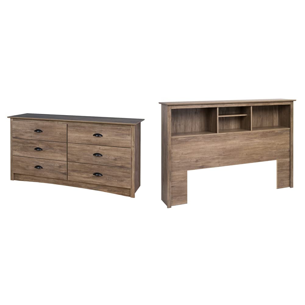 Prepac Salt Spring 6-Drawer Dresser & Queen Headboard Set in Drifted Gray - Modern Bedroom Furniture for Master Bedroom or Guest Room Organization