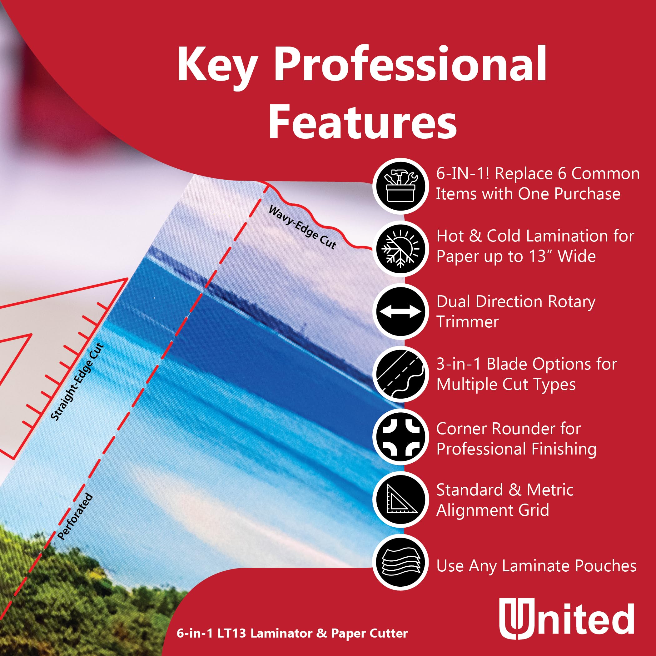United Office Products LT13 6-in-1 Thermal & Cold Laminator Machine with Paper Trimmer & Corner Rounder - 13 Inch Wide for Home, Office, School - Perfect for DIY Projects, Photo Preservation, Classroom Materials & Document Protection