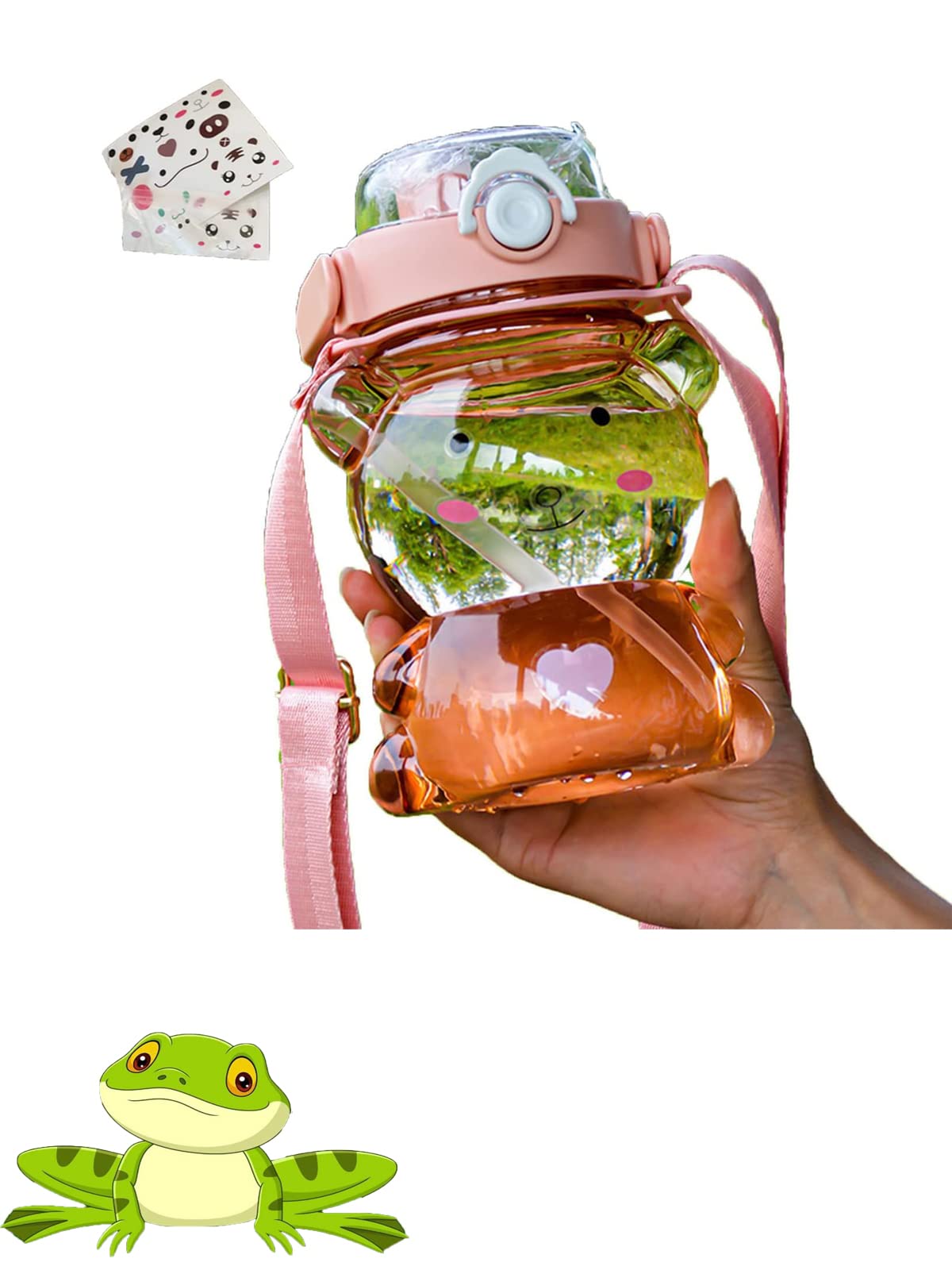 VIPUDA 24oz Cute Frog Water Bottle with Straw - BPA-Free Leakproof Plastic Sports Bottle for Kids, School, Gym & Outdoor Activities - Portable with Strap (Pink, Green Frog Design)
