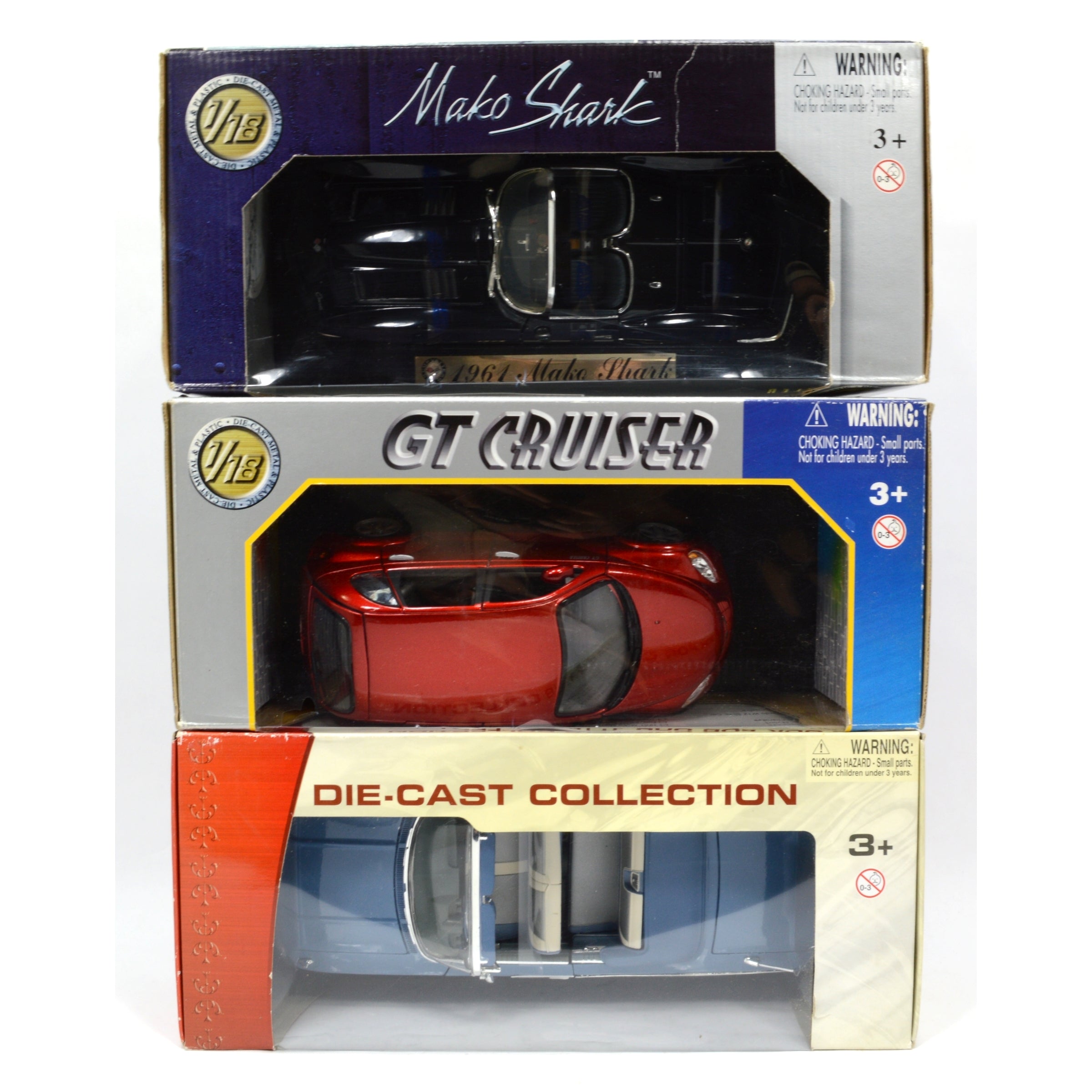 3-Pack MOTOR MAX Diecast Cars 1:18 Scale - '61 Mako Shark & '60 Impala GT Cruiser - Collectible Model Cars for Display & Racing Enthusiasts