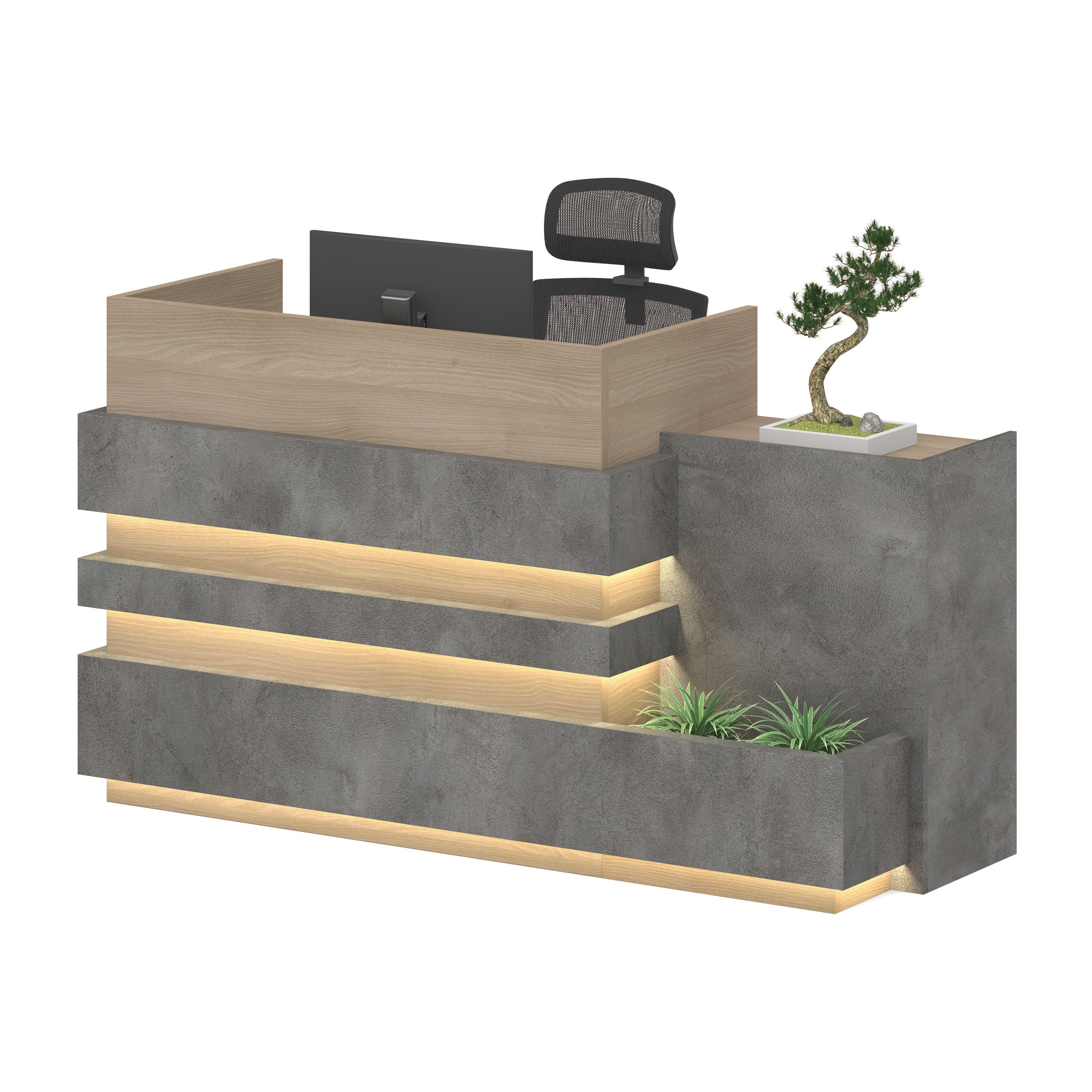 KERAN 1.8M Right Panel Reception Desk - Acacia Wood & Carbon Grey Finish | Perfect for Office Lobby, Hotel Front Desk & Corporate Reception Areas