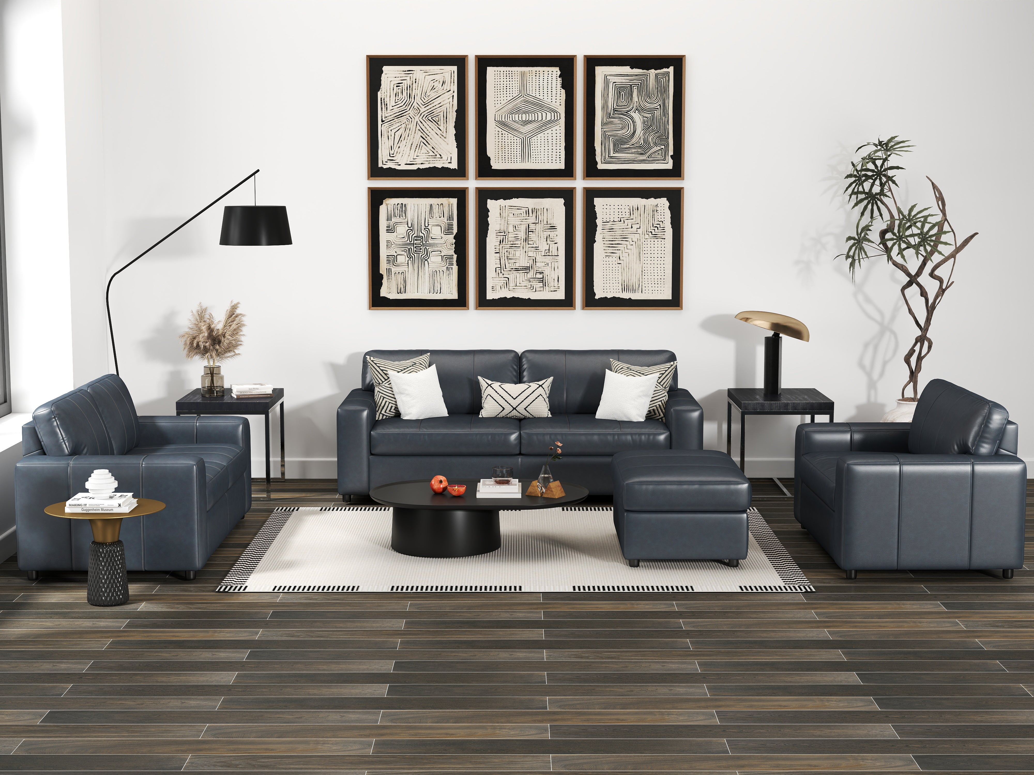 Roundhill Furniture Sakan Genuine Leather Upholstered Living Room Set - Sofa, Loveseat & Chair - Modern Sectional Couch for Home Theater, Family Room & Lounge Areas