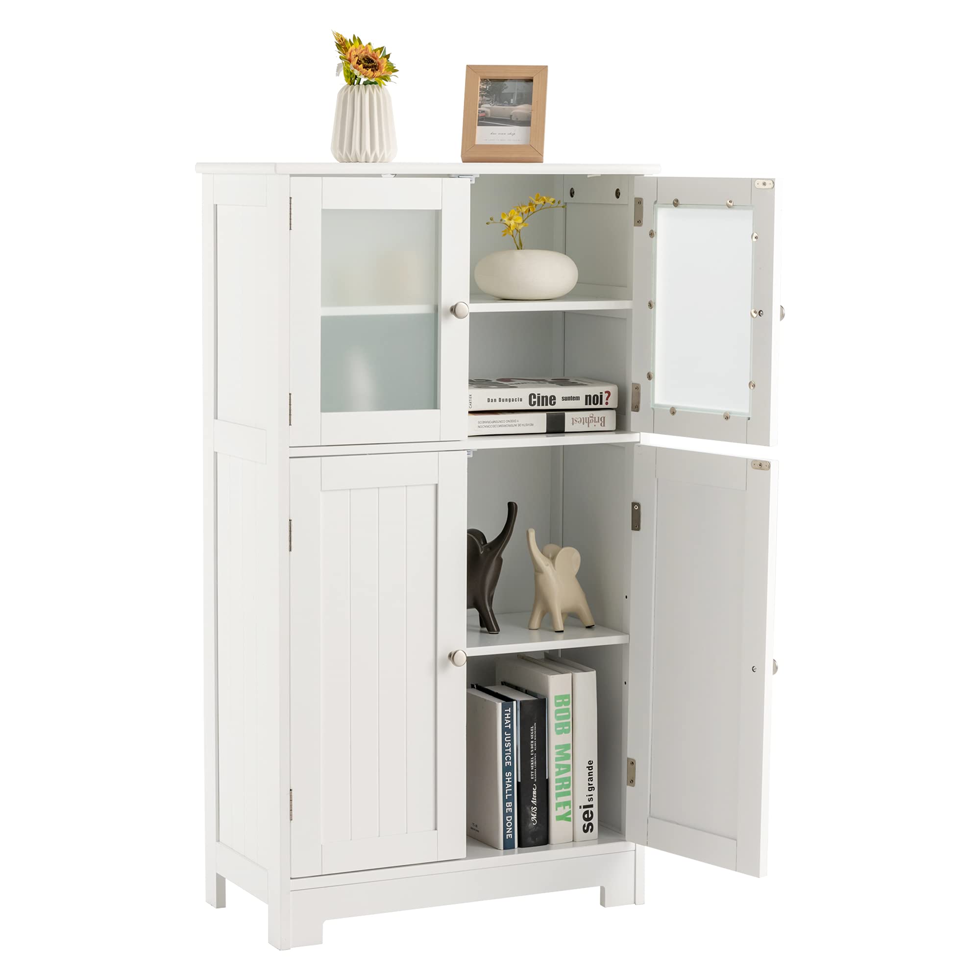 LOKO White Bathroom Floor Cabinet with Glass Doors - Wooden Storage Cabinet with Adjustable Shelf for Bathroom, Kitchen & Living Room - Perfect for Organizing Towels, Dishes & Home Decor Items