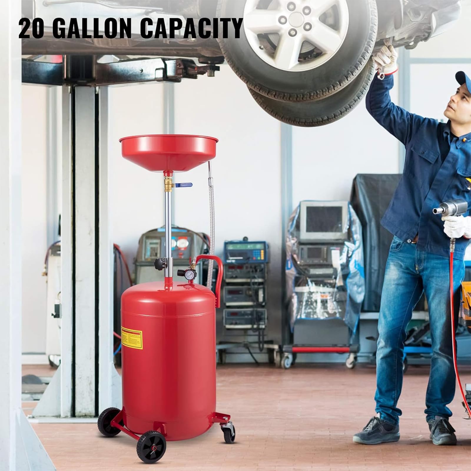 VEVOR 20 Gallon Portable Oil Drain Tank - Air Operated Waste Oil Drain Pan with Adjustable Funnel Height, Pressure Regulating Valve & Wheels - Ideal for Auto Shops, Garage Oil Changes & Industrial Fluid Drainage