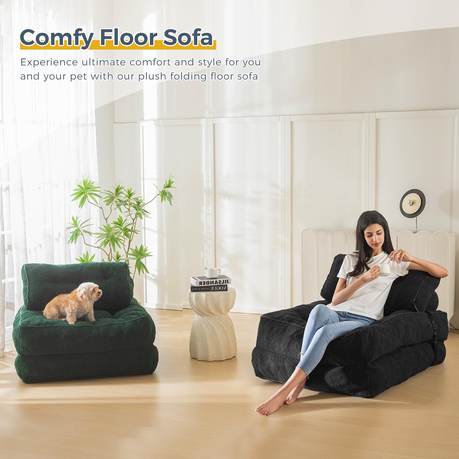 MAXYOYO Fuzzy Folding Sofa Bed - Convertible Sleeper Chair with Pillow & Foldable Mattress, Back Support for Living Room, Guest Room & Small Spaces (Black)