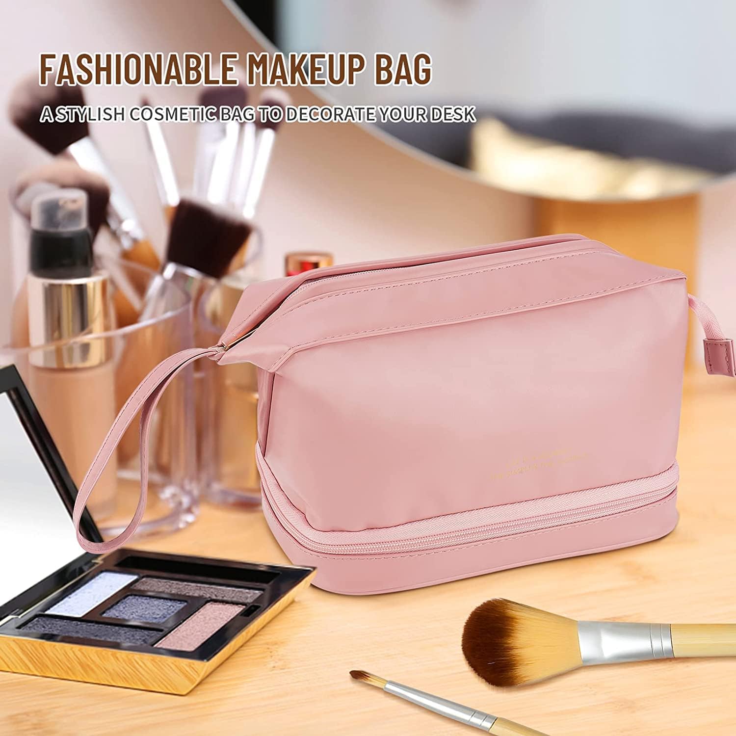 Gnanex Double Layer Makeup Bag - Large Waterproof Leather Travel Cosmetic Organizer with Zipper Pouch, Portable Toiletry Bag for Women & Girls (Pink) - Perfect for Travel, Gym, and Daily Essentials Storage