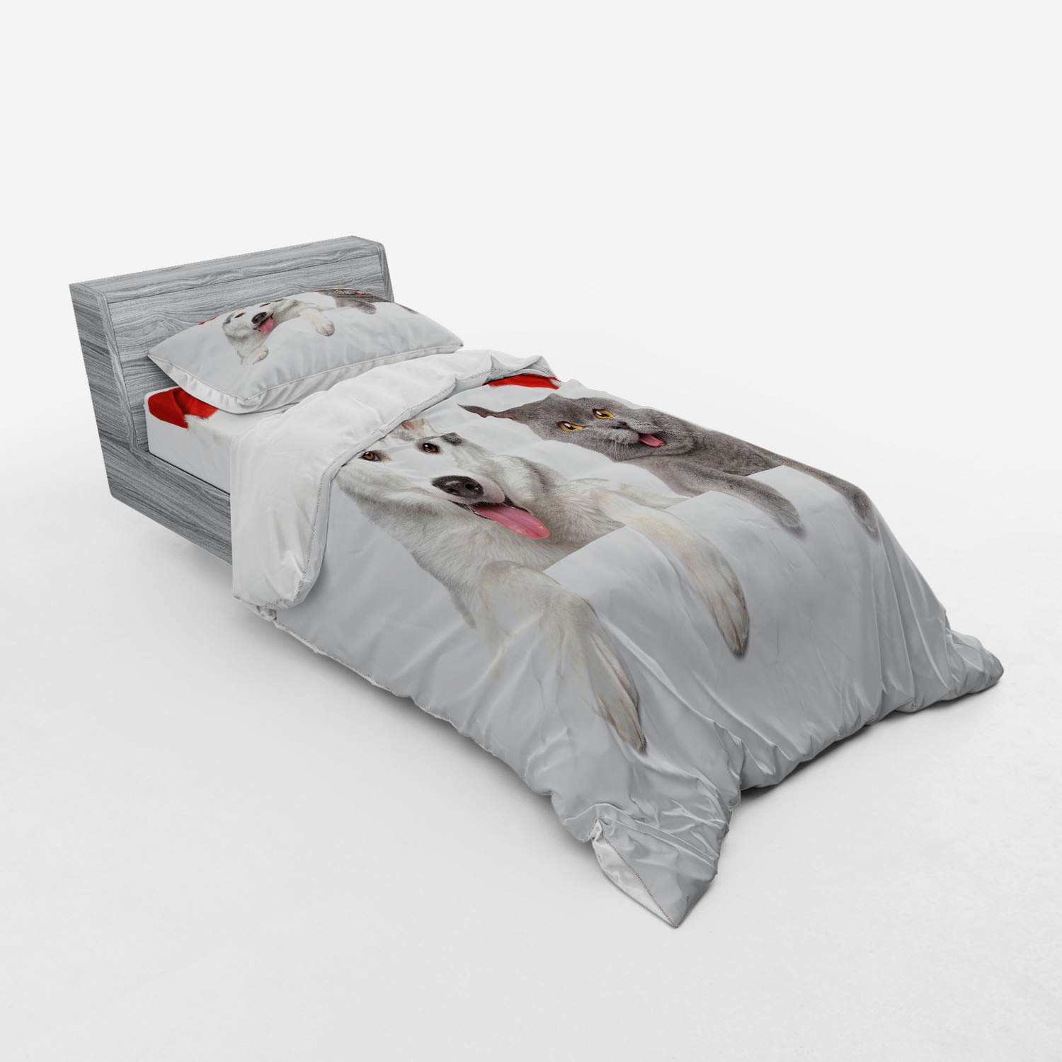 Ambesonne Christmas Bedding Set - Funny Santa Hat Dog & Cat Print Duvet Cover with Sham & Fitted Sheet, 3-Piece Twin XL Size in White Grey Red | Cozy Holiday Pet-Themed Bedroom Decor for Winter Season