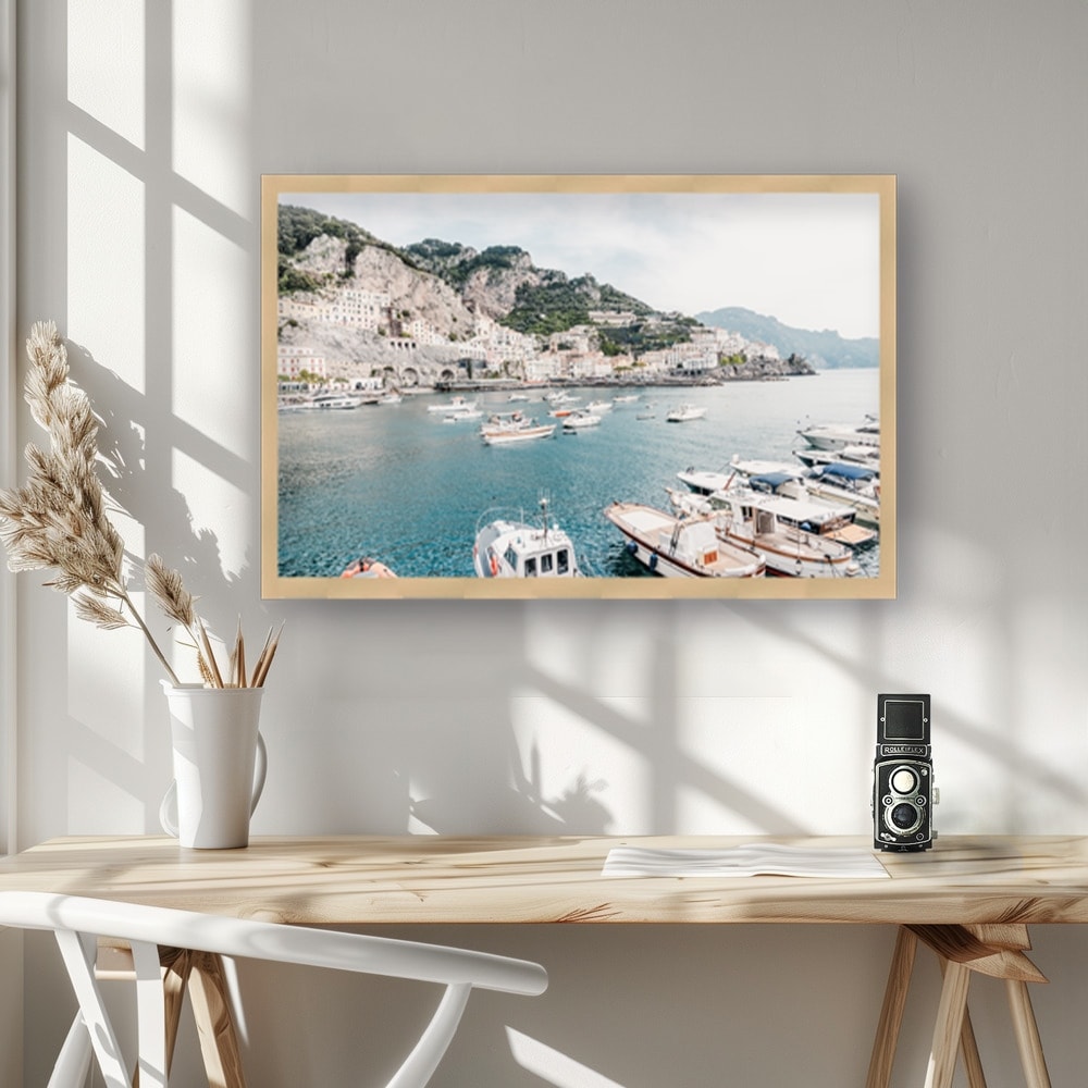 Amalfi Coast Boats Framed Textured Wall Art - Italian Seascape Painting for Living Room, Bedroom & Office Decor