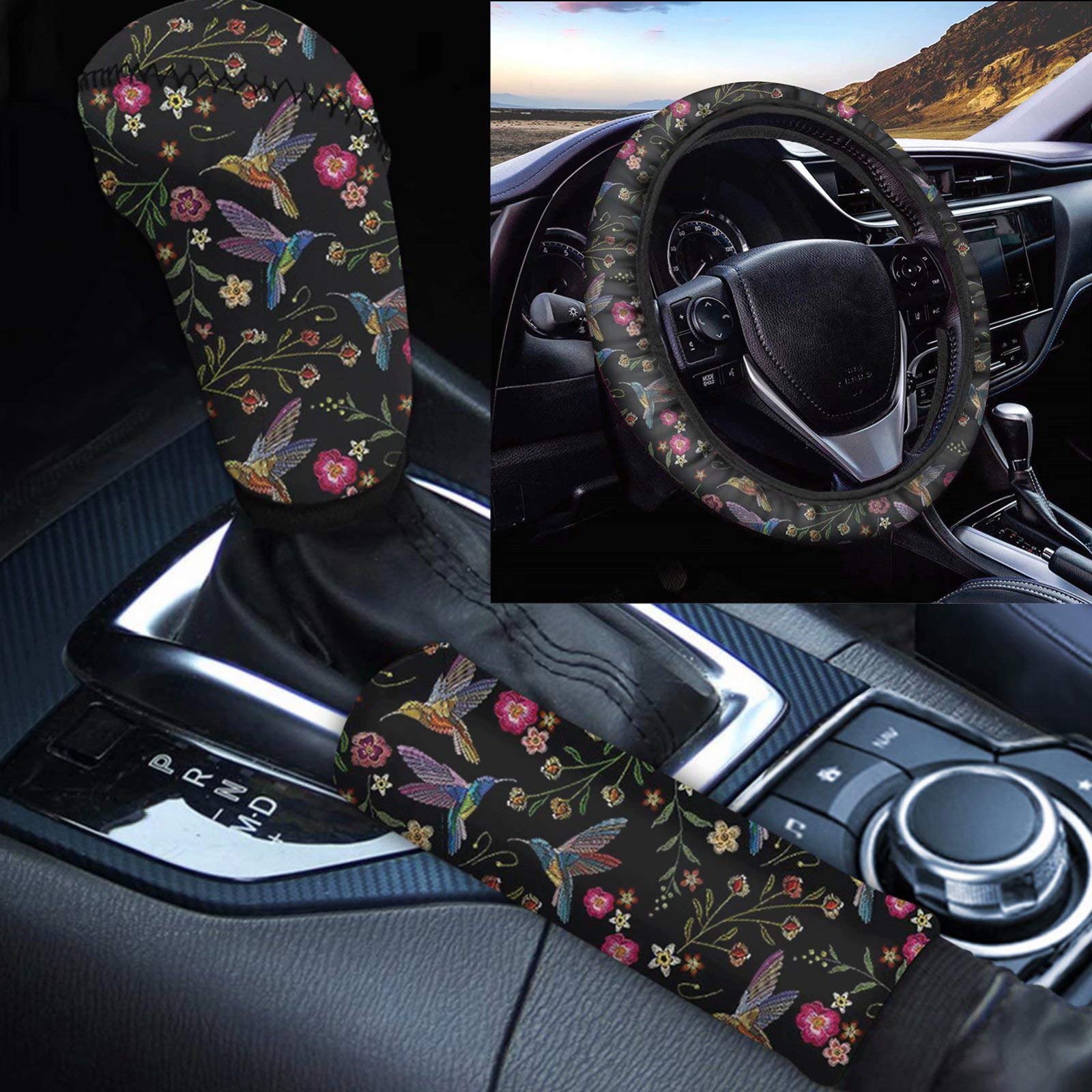 **Forchrinse Hummingbird Floral Car Steering Wheel Cover, Handbrake Cover & Gear Shift Cover Set – Soft Universal Car Interior Protector Accessories for Women (3-Piece Set) – Perfect for Vintage, Boho & Feminine Car Styling**