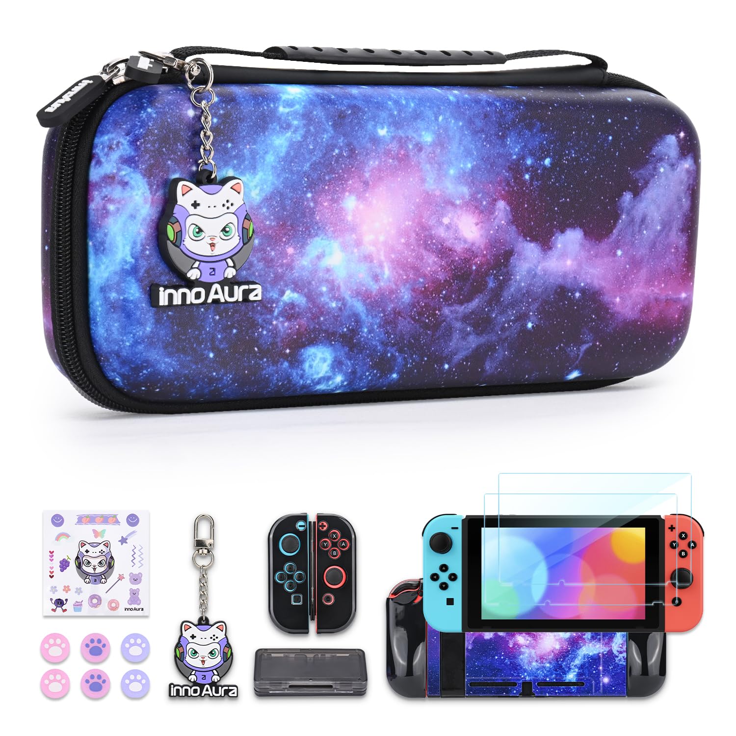 InnoAura 15-in-1 Nintendo Switch Accessories Bundle - Protective Carrying Case, Game Case, Screen Protector & Thumb Grips (Galaxy Black) | Perfect for Travel, Gaming On-The-Go & Switch Protection