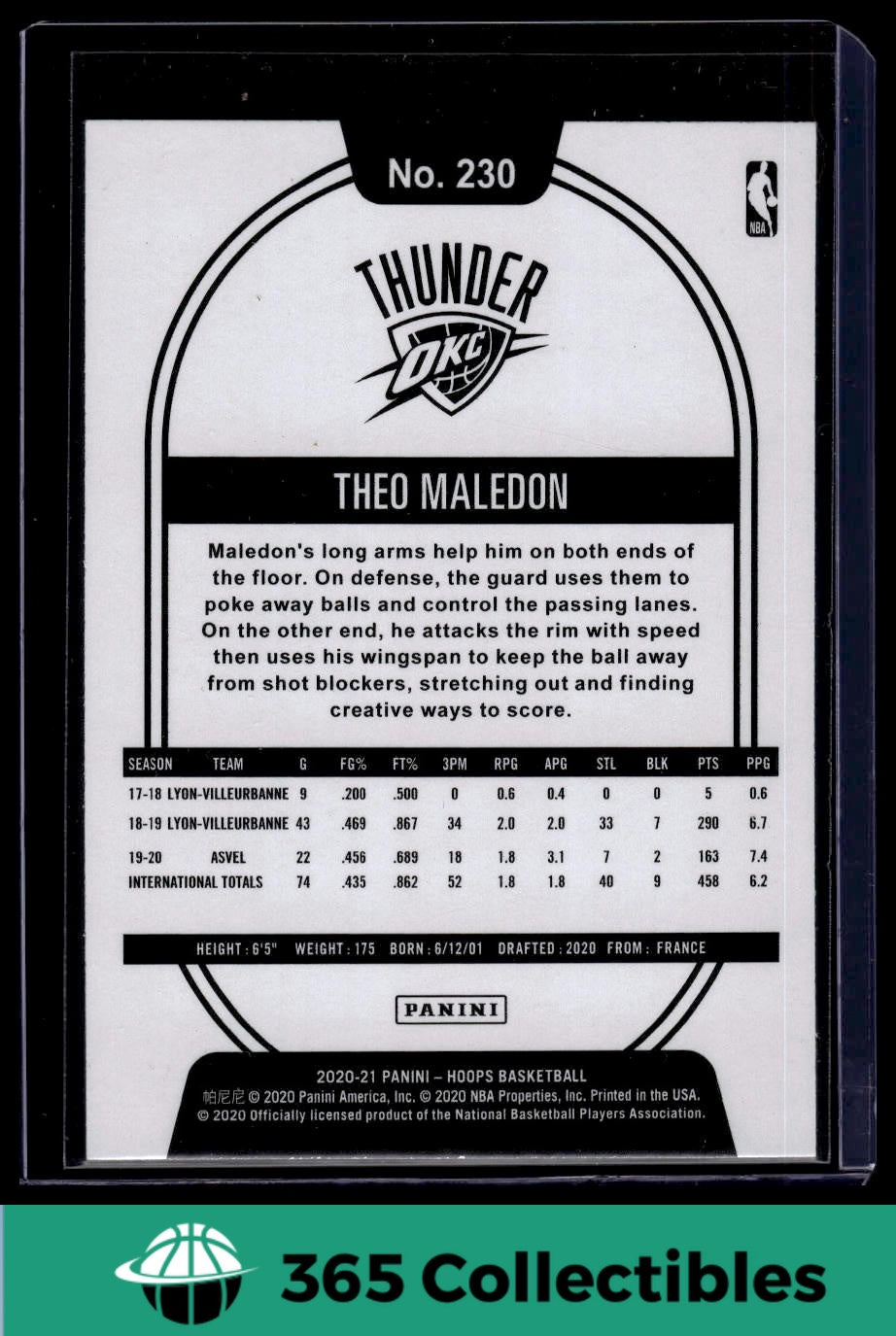 2020-21 Panini Hoops Theo Maledon Purple Rookie Card #230 - Oklahoma City Thunder NBA Basketball Trading Card for Collectors & Fans | Perfect for Sports Memorabilia Collections & Investment